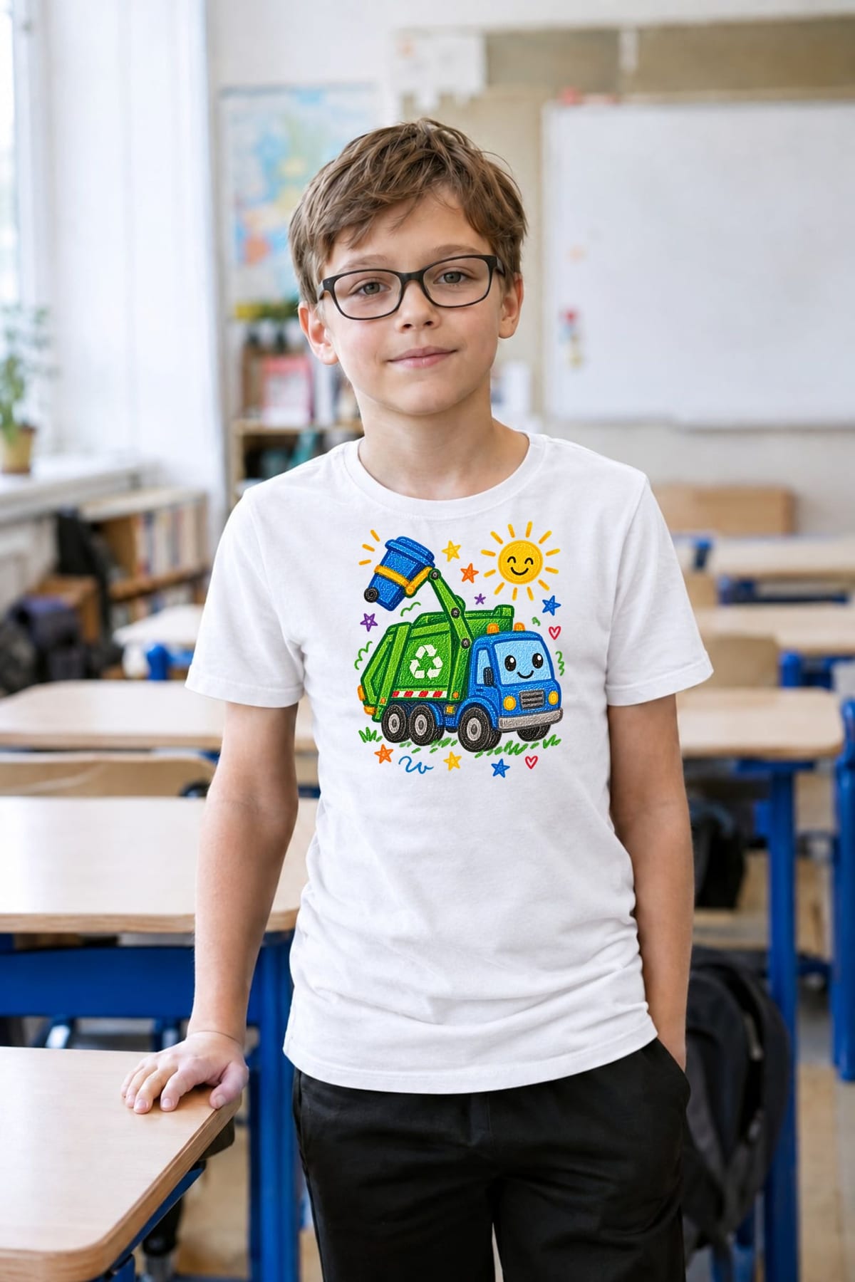 Koszulka ze śmieciarką dla chłopca biała rysunek kredkami, zdjęcie 3
