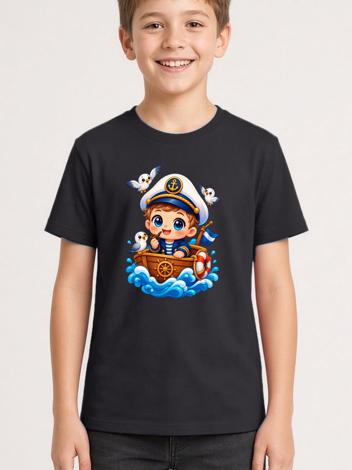 Koszulka z kapitanem dla chłopca czarna słodki styl kawaii, zdjęcie 1