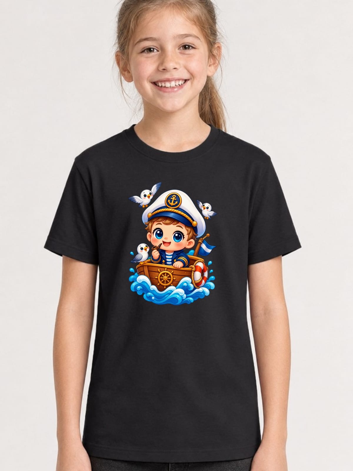 Koszulka z kapitanem dla dziewczynki czarna słodki styl kawaii, zdjęcie 1