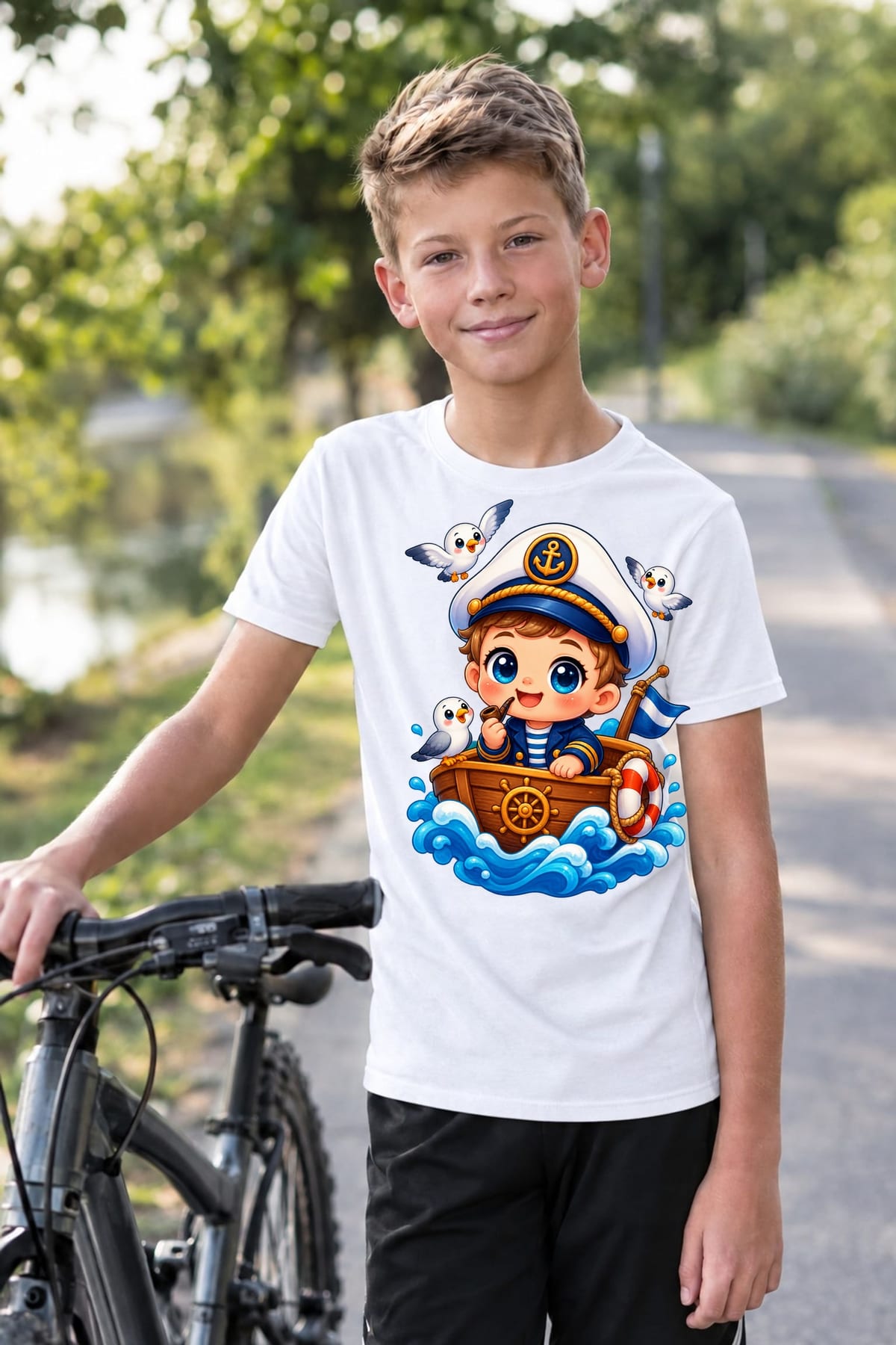 Koszulka z kapitanem dla chłopca biała słodki styl kawaii, zdjęcie 3