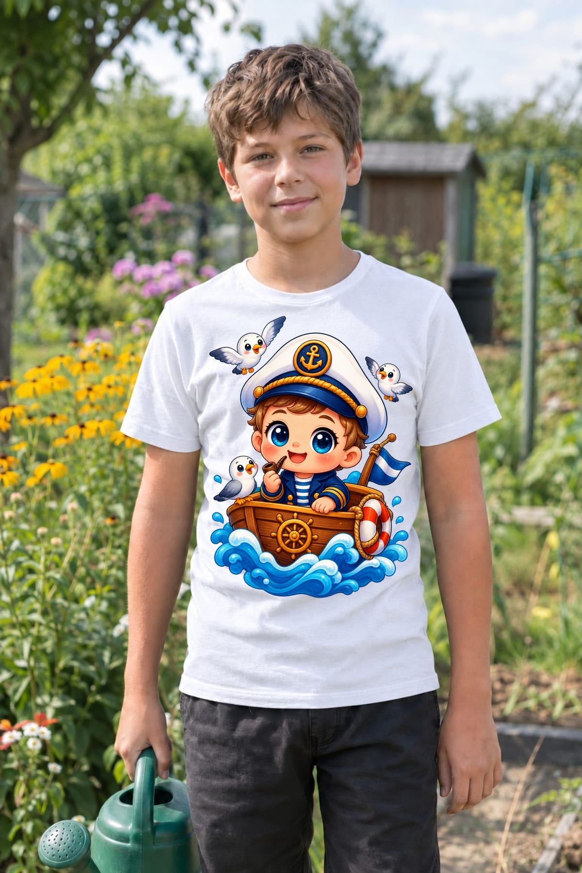 Koszulka z kapitanem dla chłopca biała słodki styl kawaii, zdjęcie 5