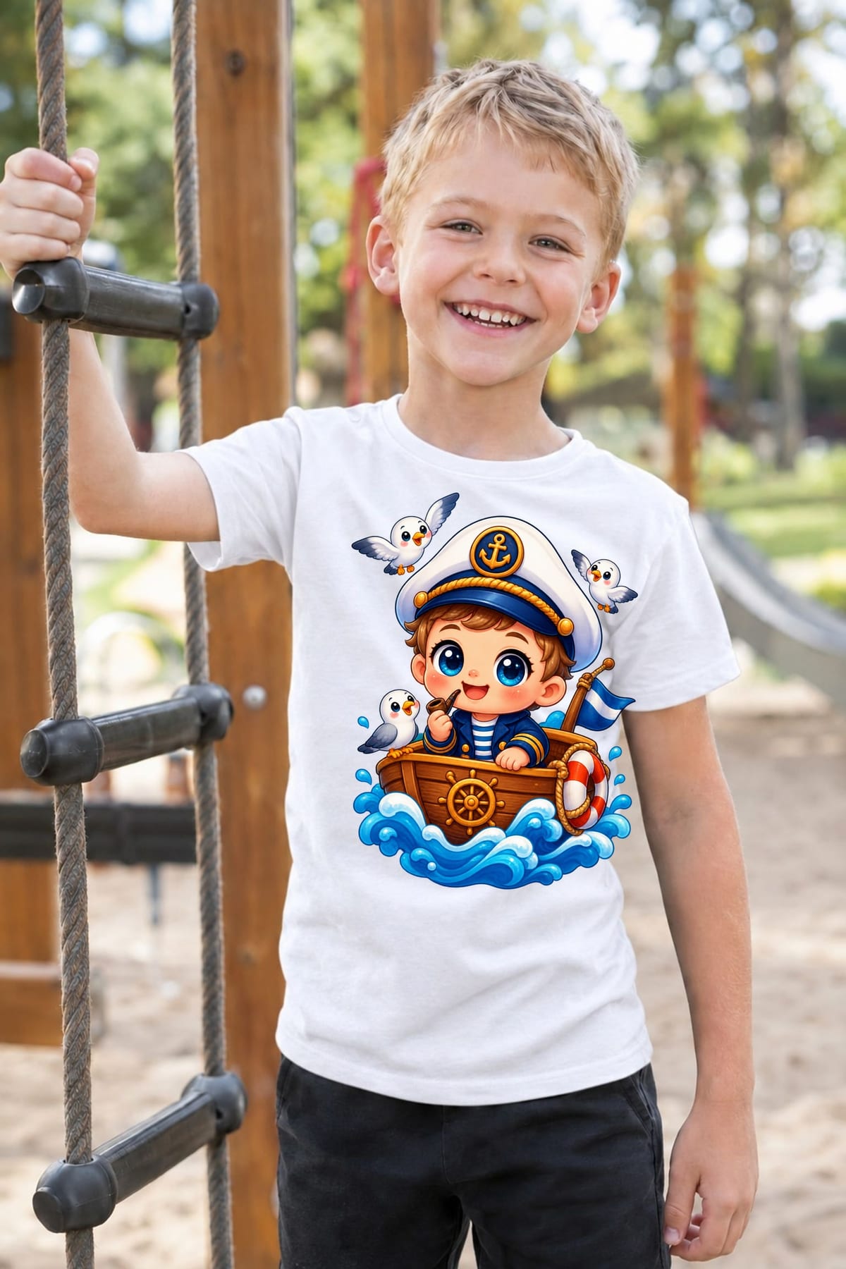 Koszulka z kapitanem dla chłopca biała słodki styl kawaii, zdjęcie 8