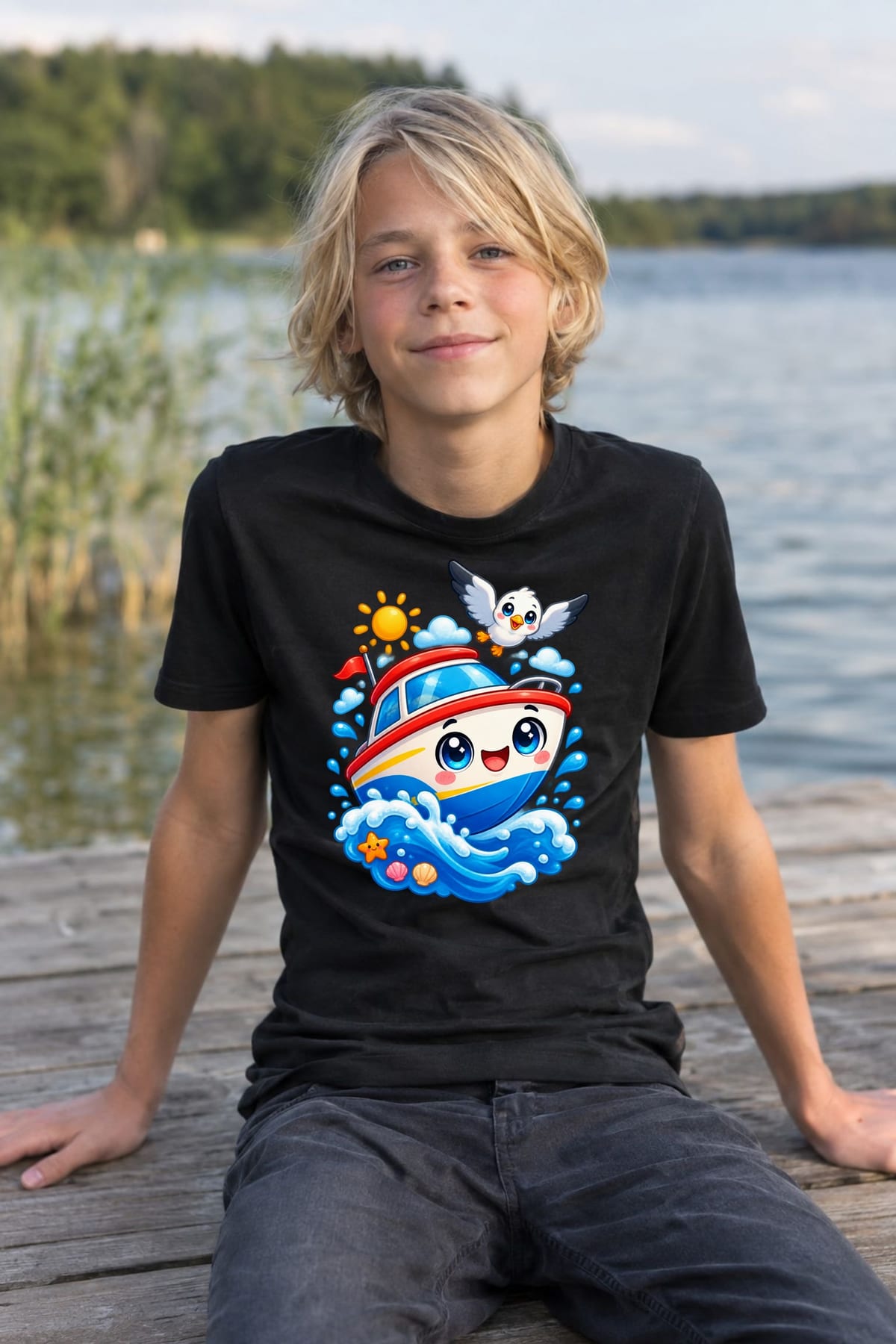 Koszulka z motorówką dla chłopca czarna słodki kawaii, zdjęcie 4