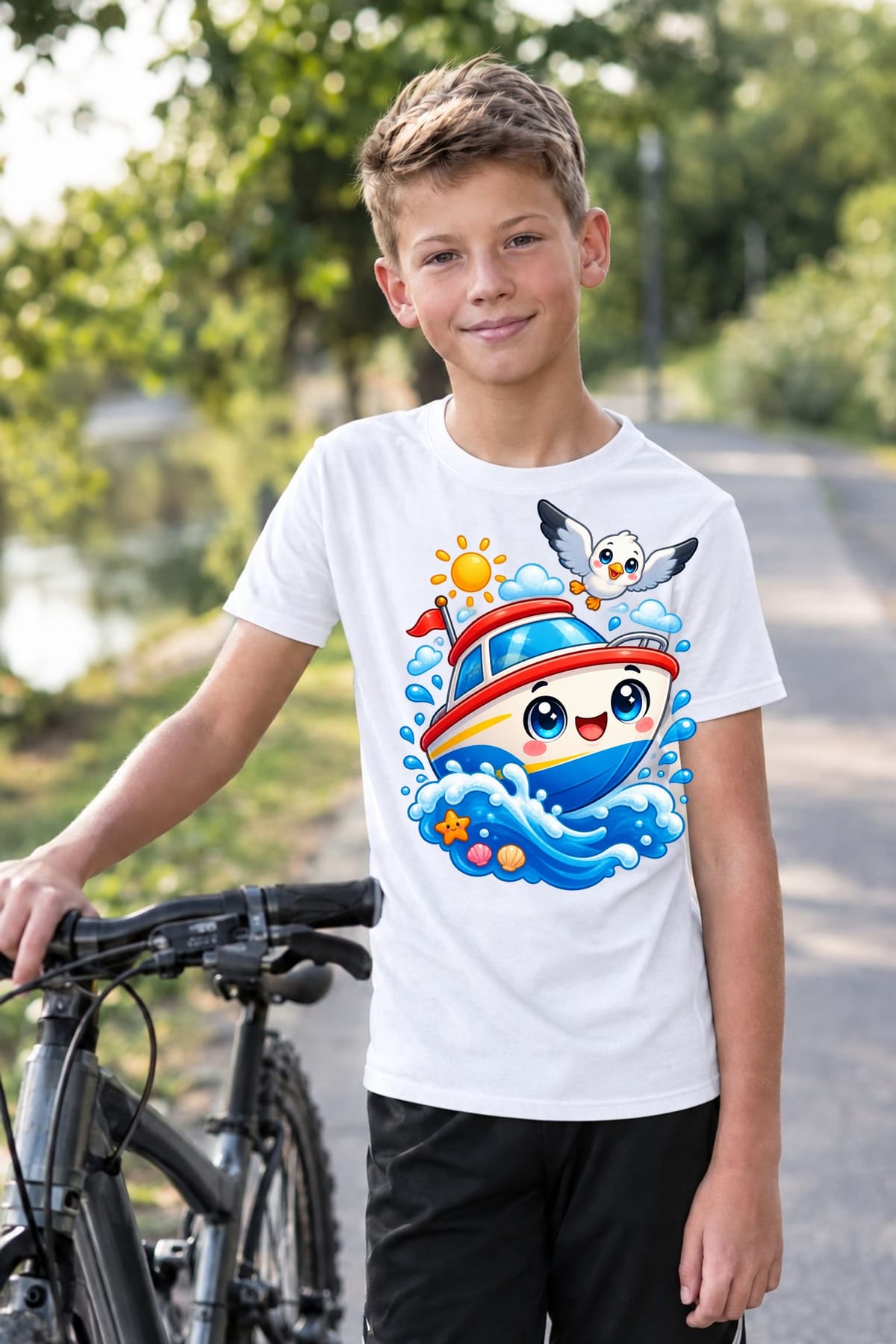 Koszulka z motorówką dla chłopca biała słodki kawaii, zdjęcie 7