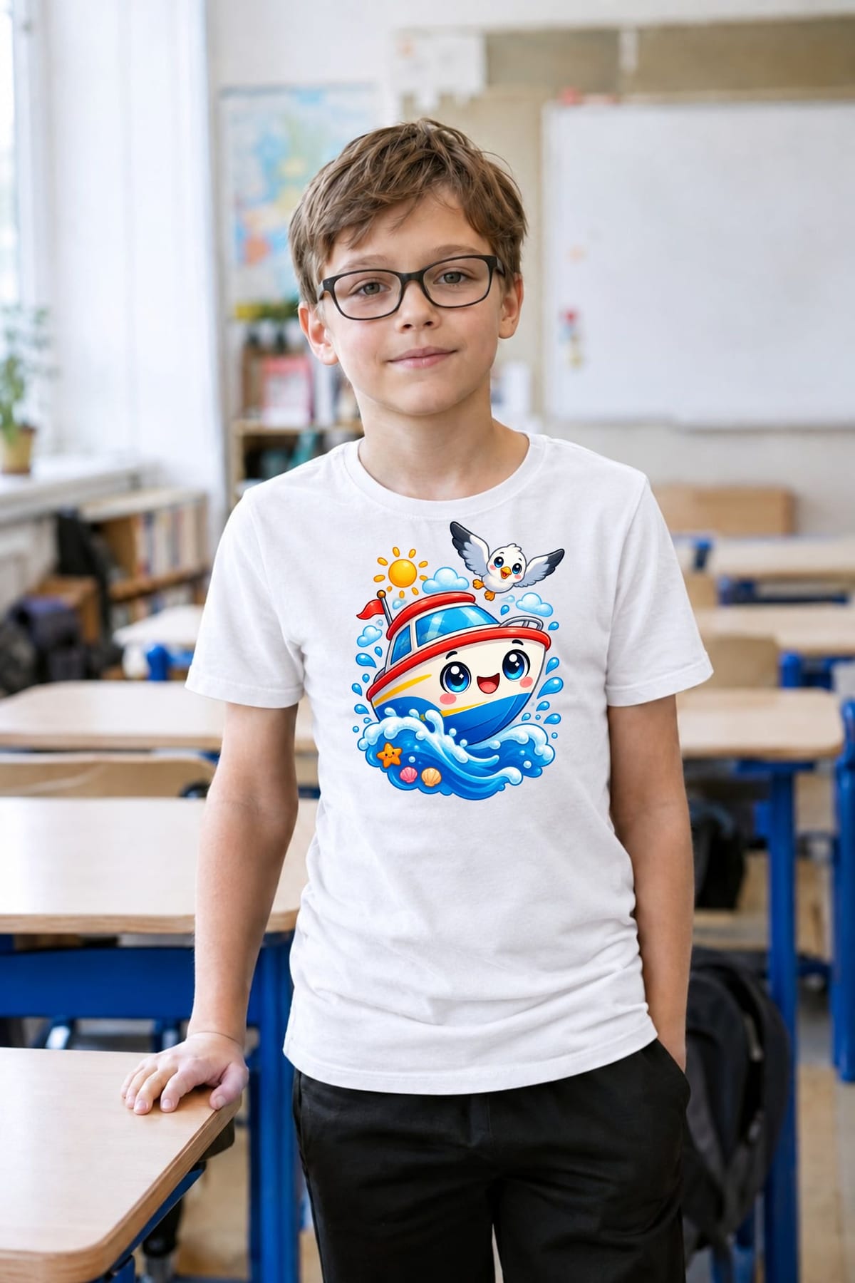 Koszulka z motorówką dla chłopca biała słodki kawaii, zdjęcie 8