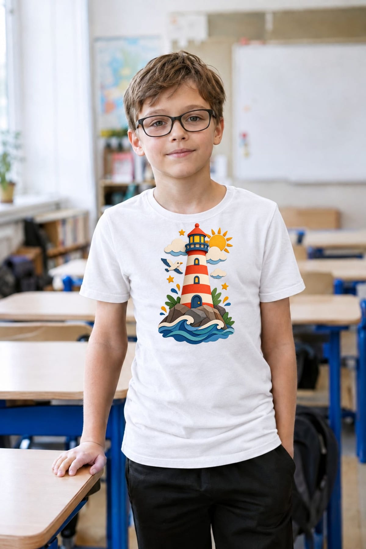 Koszulka z latarnią morską wycinanka dla chłopca biała dla dzieci, zdjęcie 3