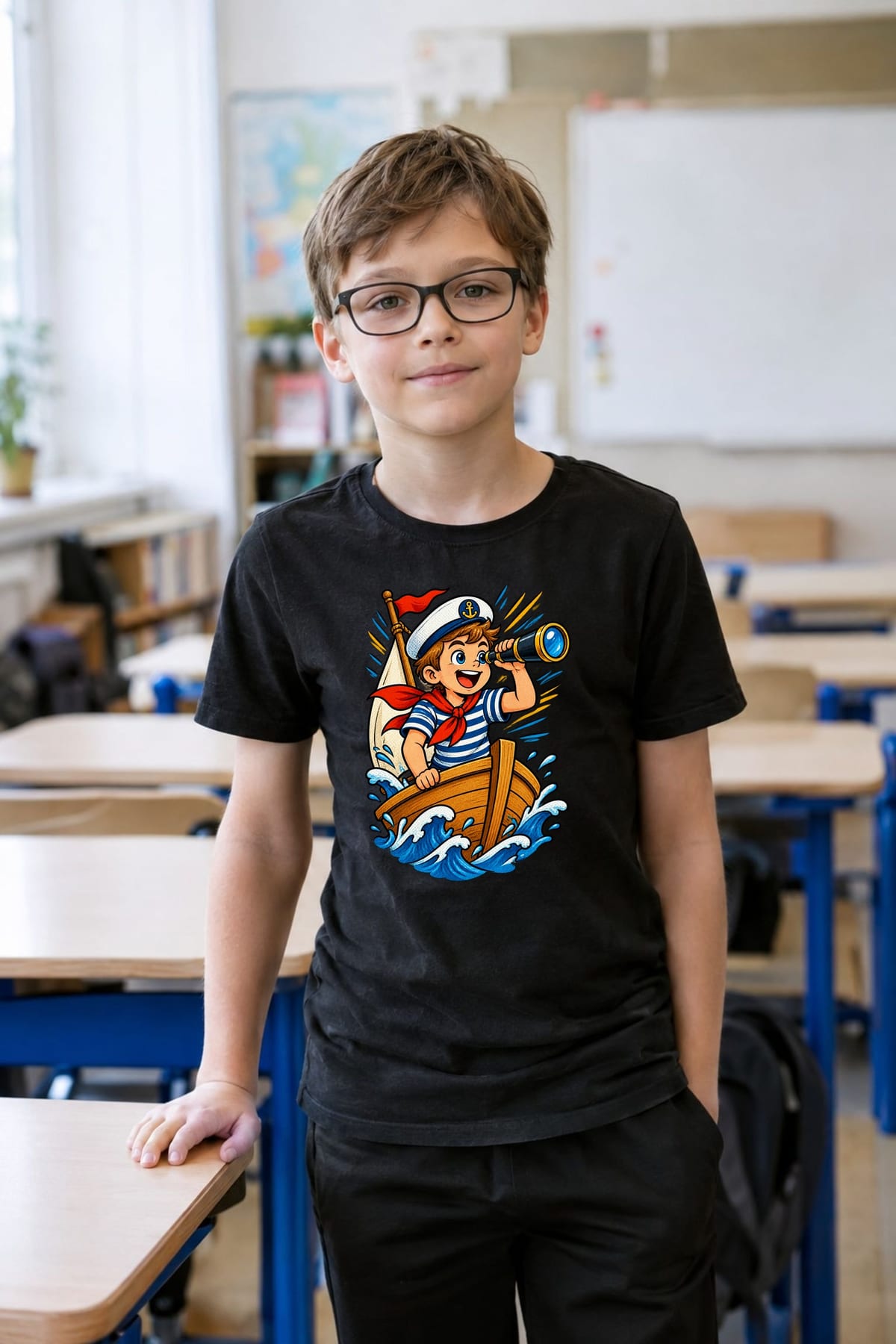 Koszulka z marynarzem dla chłopca czarna komiksowy styl, zdjęcie 4