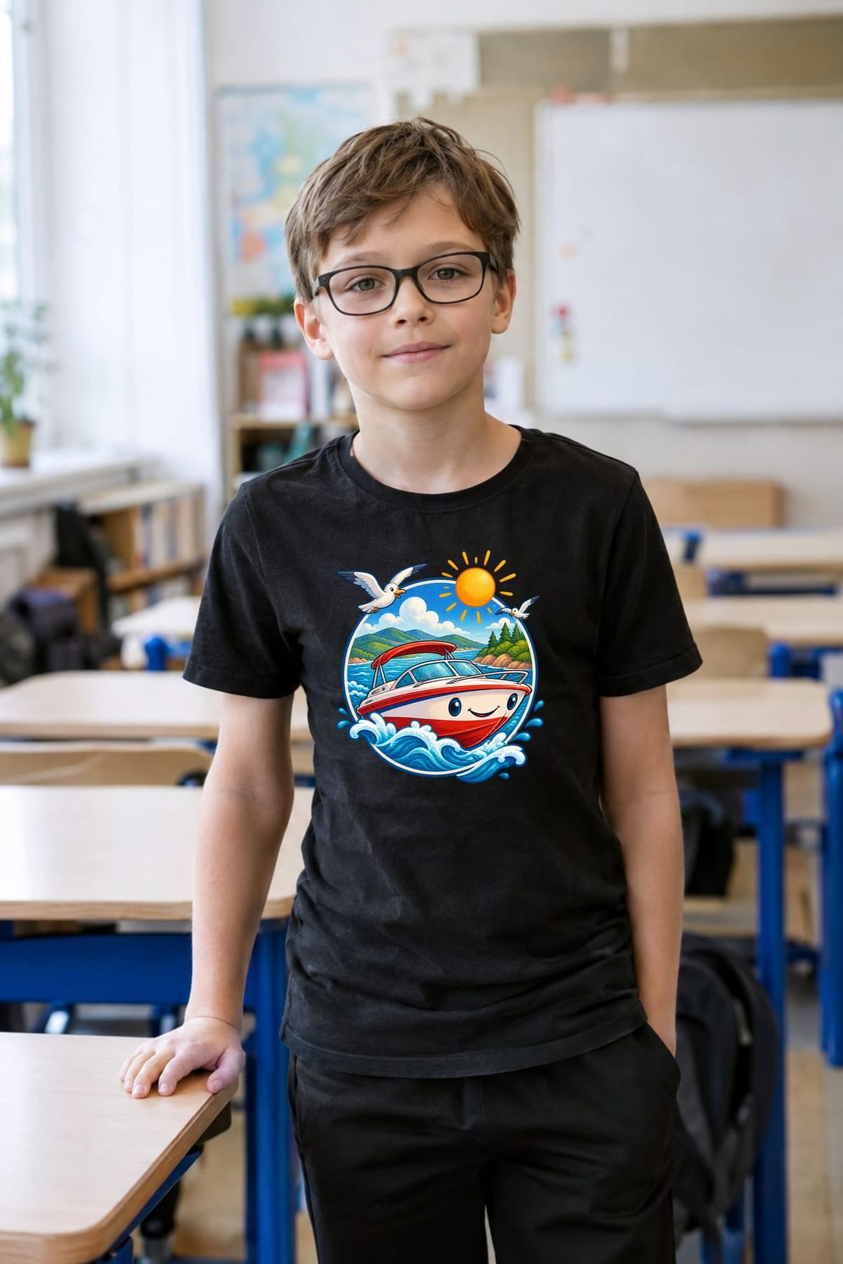 Koszulka z łódką dla chłopca czarna okrągła odznaka morska, zdjęcie 4