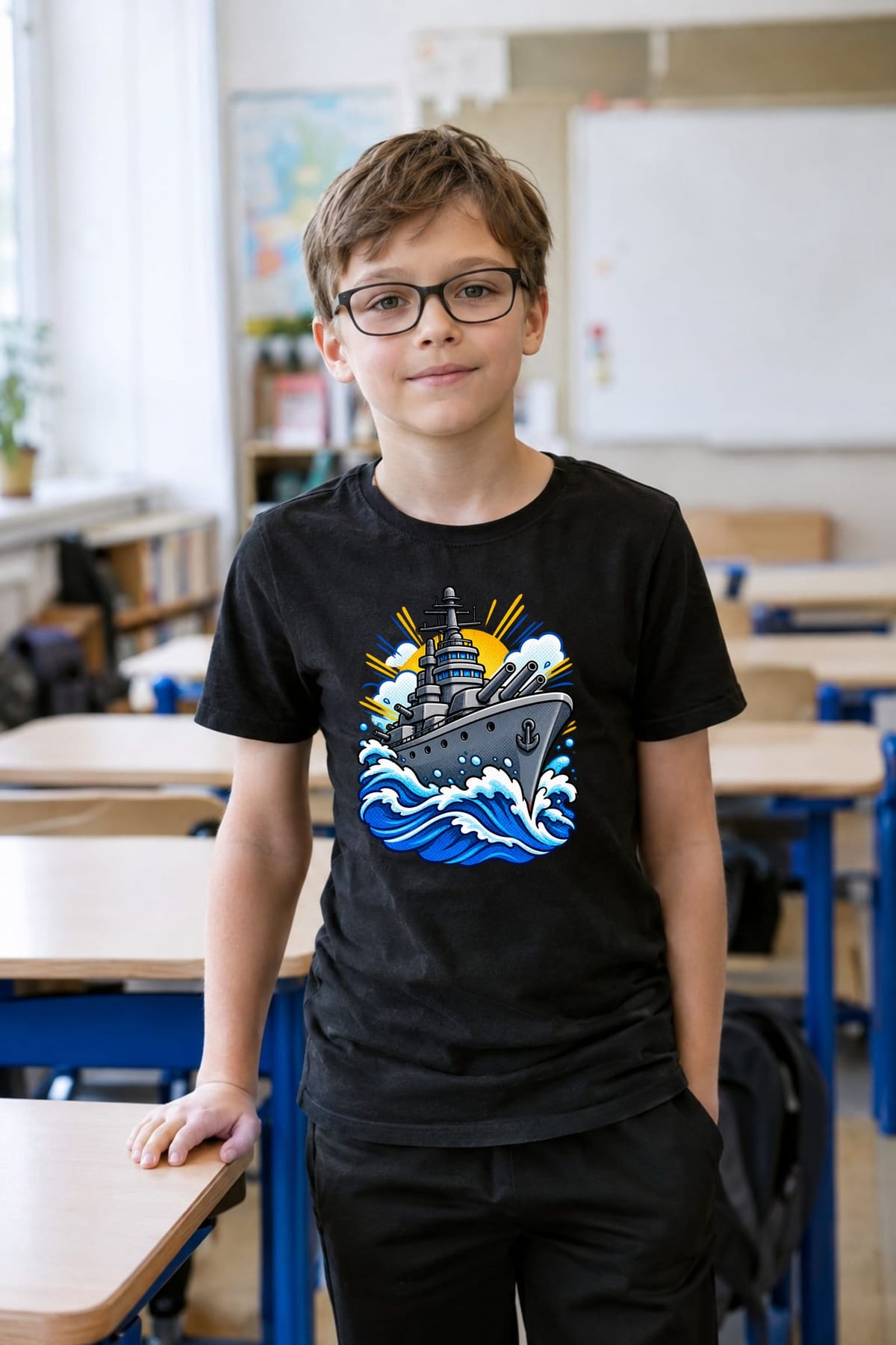 Koszulka z okrętem dla chłopca czarna w komiksowym stylu, zdjęcie 4
