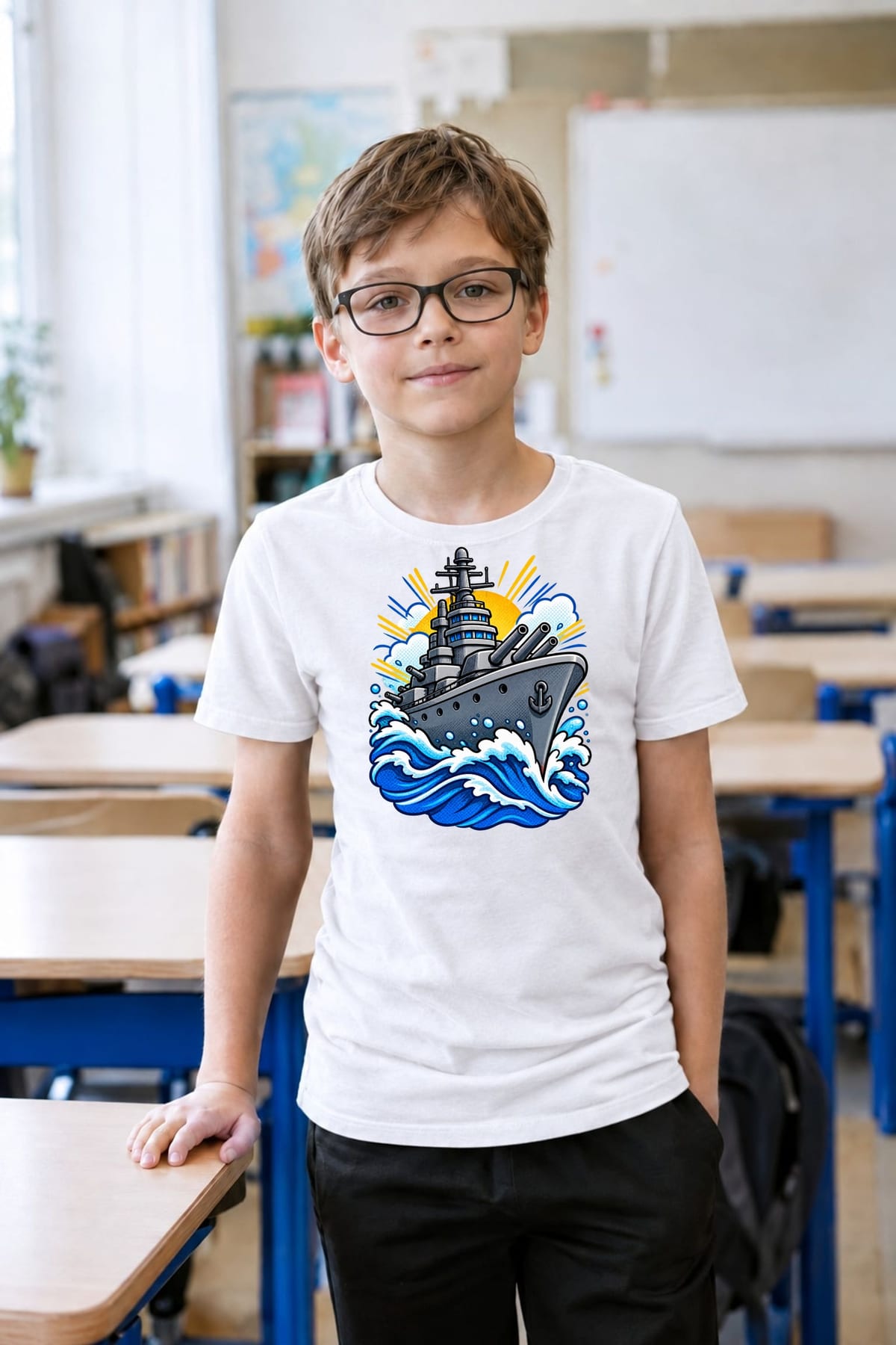 Koszulka z okrętem dla chłopca biała w komiksowym stylu, zdjęcie 8