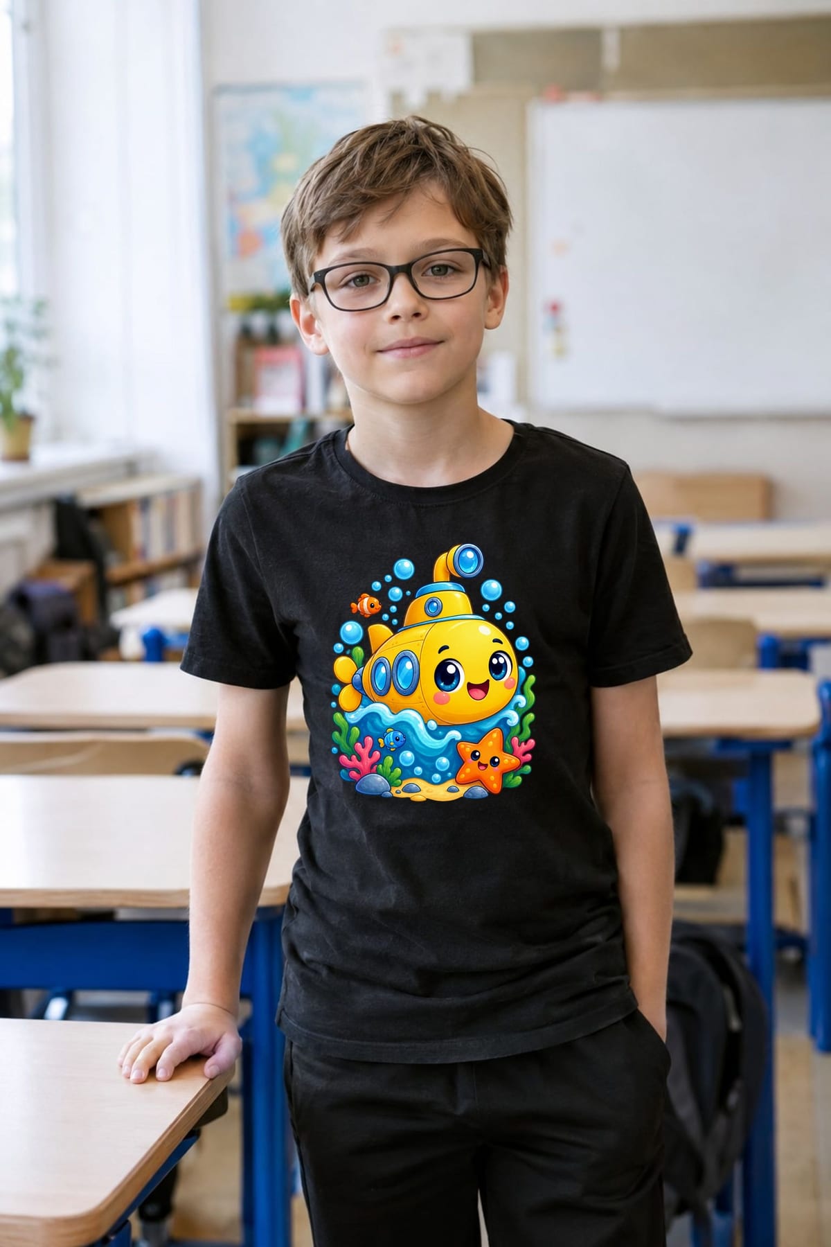 Koszulka z okrętem podwodnym dla chłopca czarna słodki kawaii, zdjęcie 3