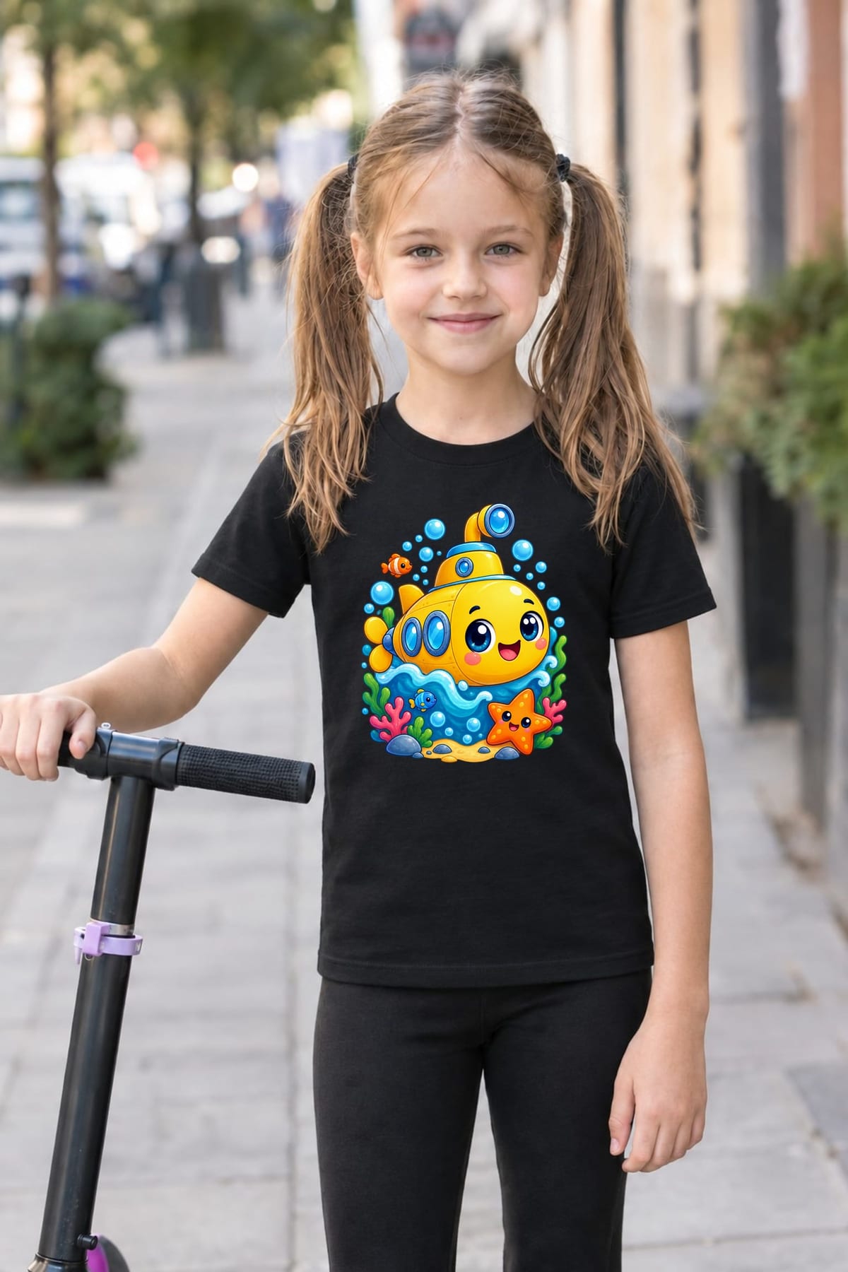 Koszulka z okrętem podwodnym dla dziewczynki czarna kawaii, zdjęcie 7
