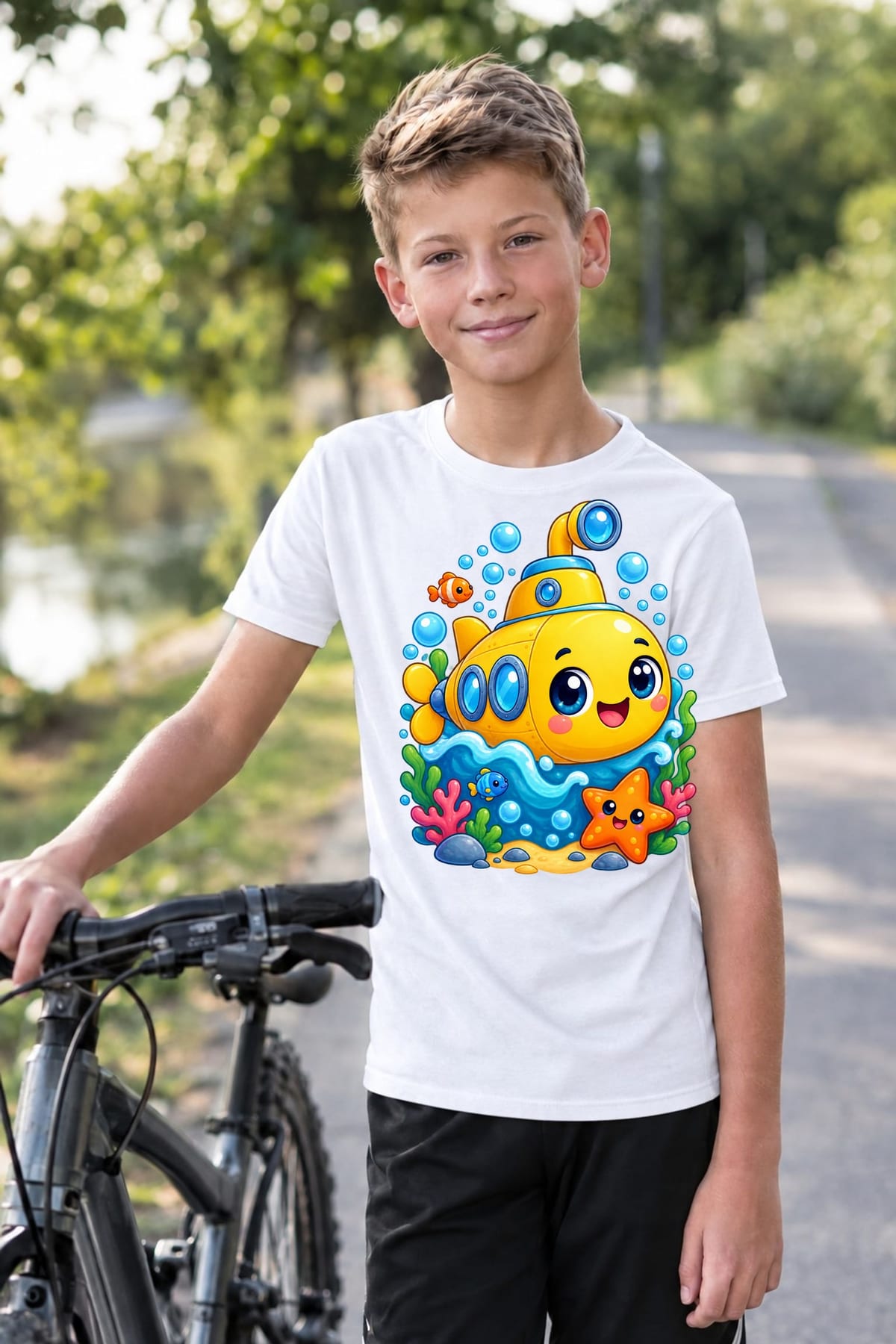 Koszulka z okrętem podwodnym dla chłopca biała słodki kawaii, zdjęcie 6