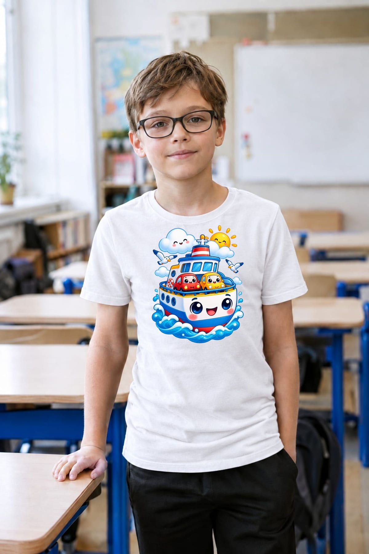 Koszulka z promem dla chłopca biała słodki kawaii, zdjęcie 6