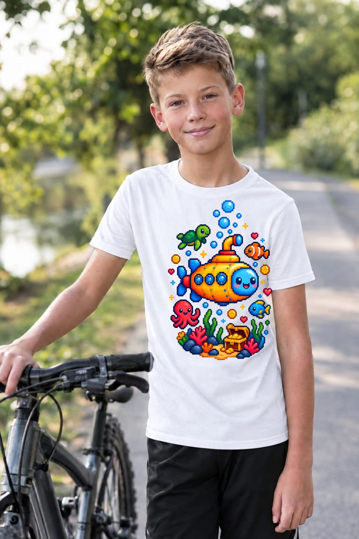Koszulka z łodzią podwodną pixel art dla chłopca biała, zdjęcie 4