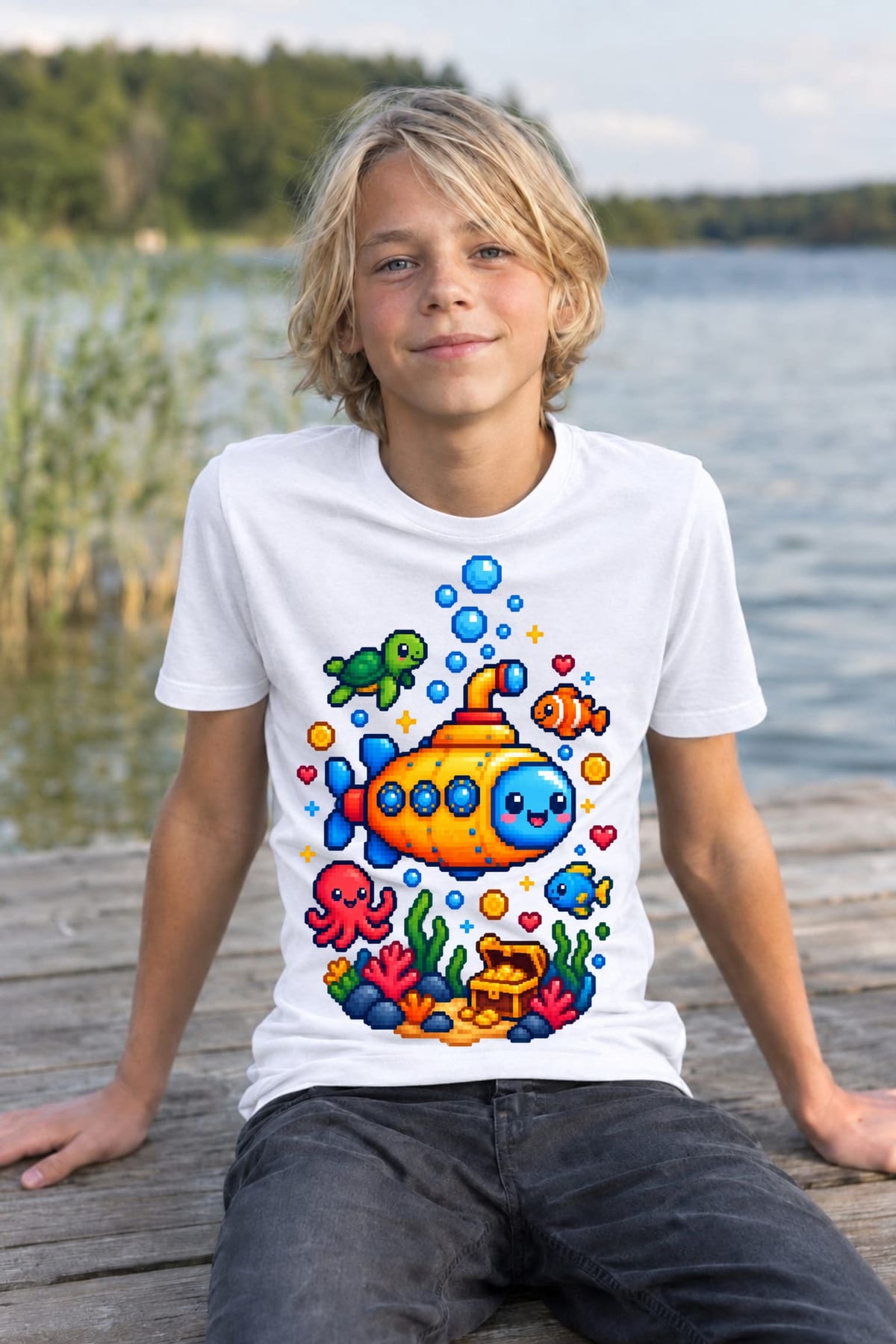 Koszulka z łodzią podwodną pixel art dla chłopca biała, zdjęcie 5