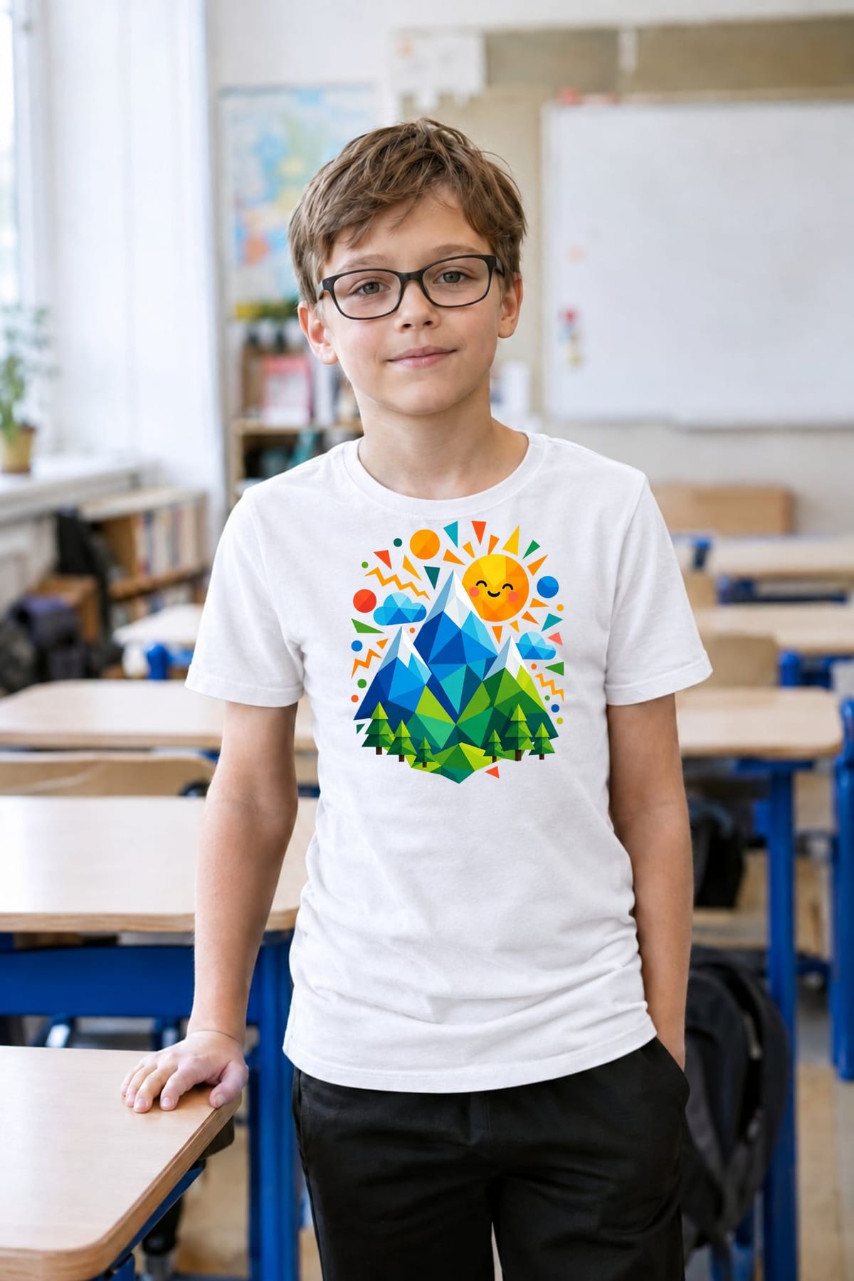 Koszulka dla chłopca z górami biała geometryczny wzór, zdjęcie 5