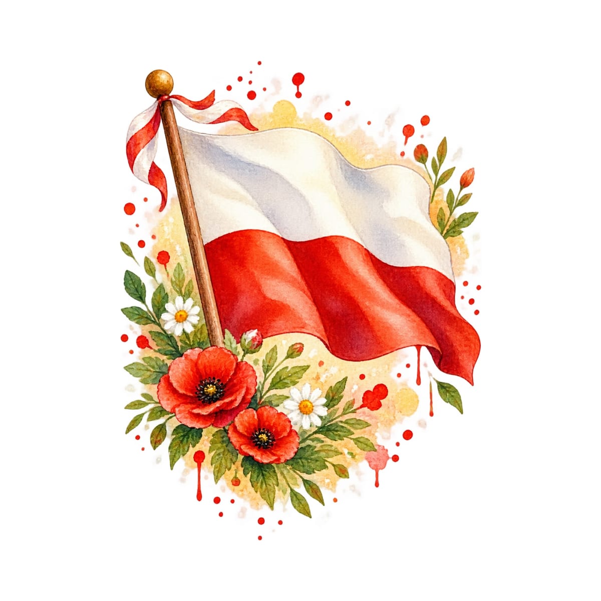 Koszulka dla dziewczynki z flagą Polski biała delikatna akwarela, zdjęcie 2