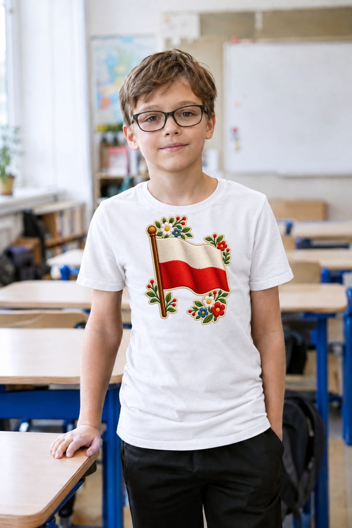 Koszulka z flagą Polski dla chłopca biała haftowany wzór, zdjęcie 4