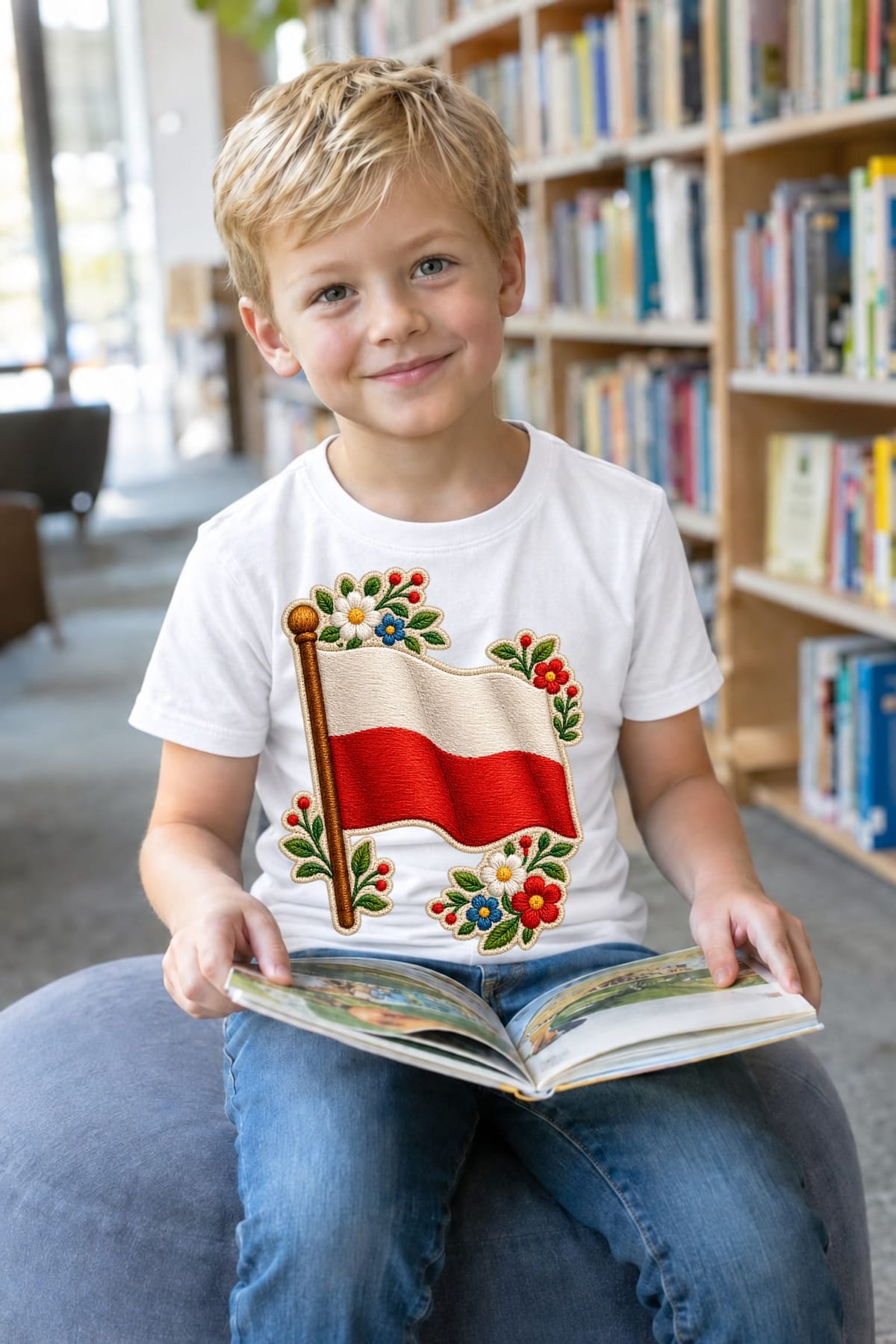 Koszulka z flagą Polski dla chłopca biała haftowany wzór, zdjęcie 5