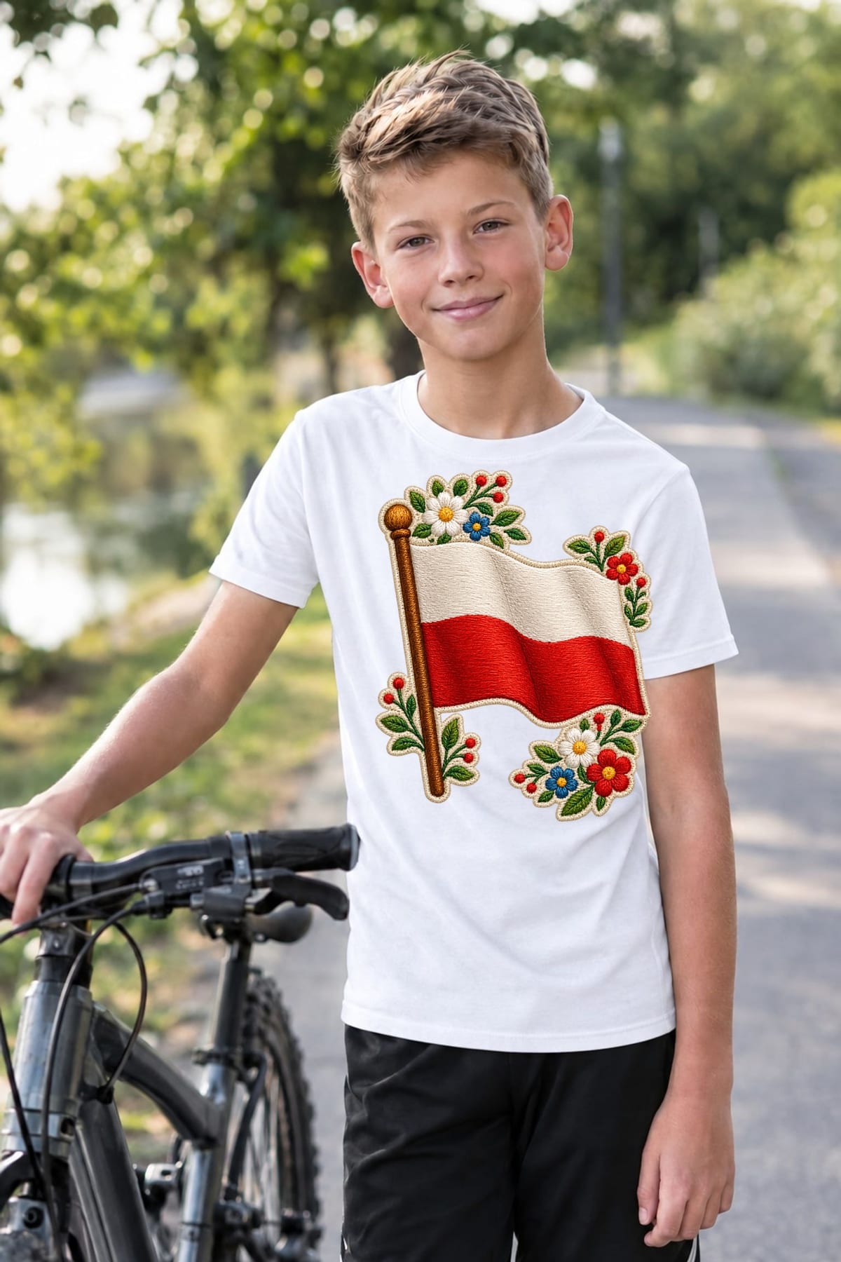 Koszulka z flagą Polski dla chłopca biała haftowany wzór, zdjęcie 8