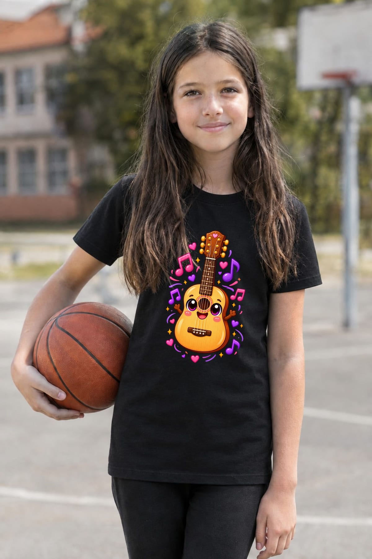 Koszulka dziecięca z gitarą dla dziewczynki czarna słodki kawaii, zdjęcie 5