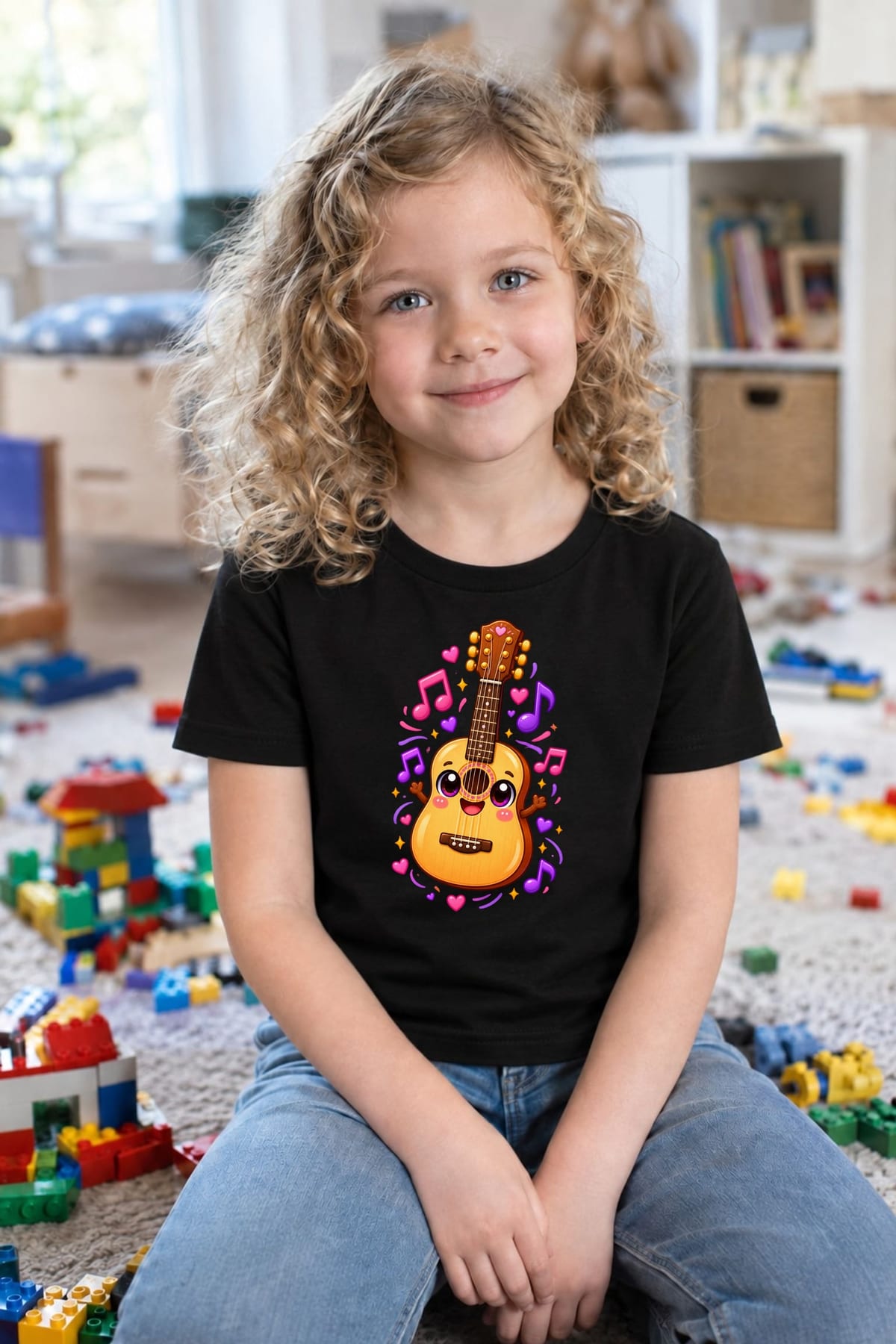Koszulka dziecięca z gitarą dla dziewczynki czarna słodki kawaii, zdjęcie 6