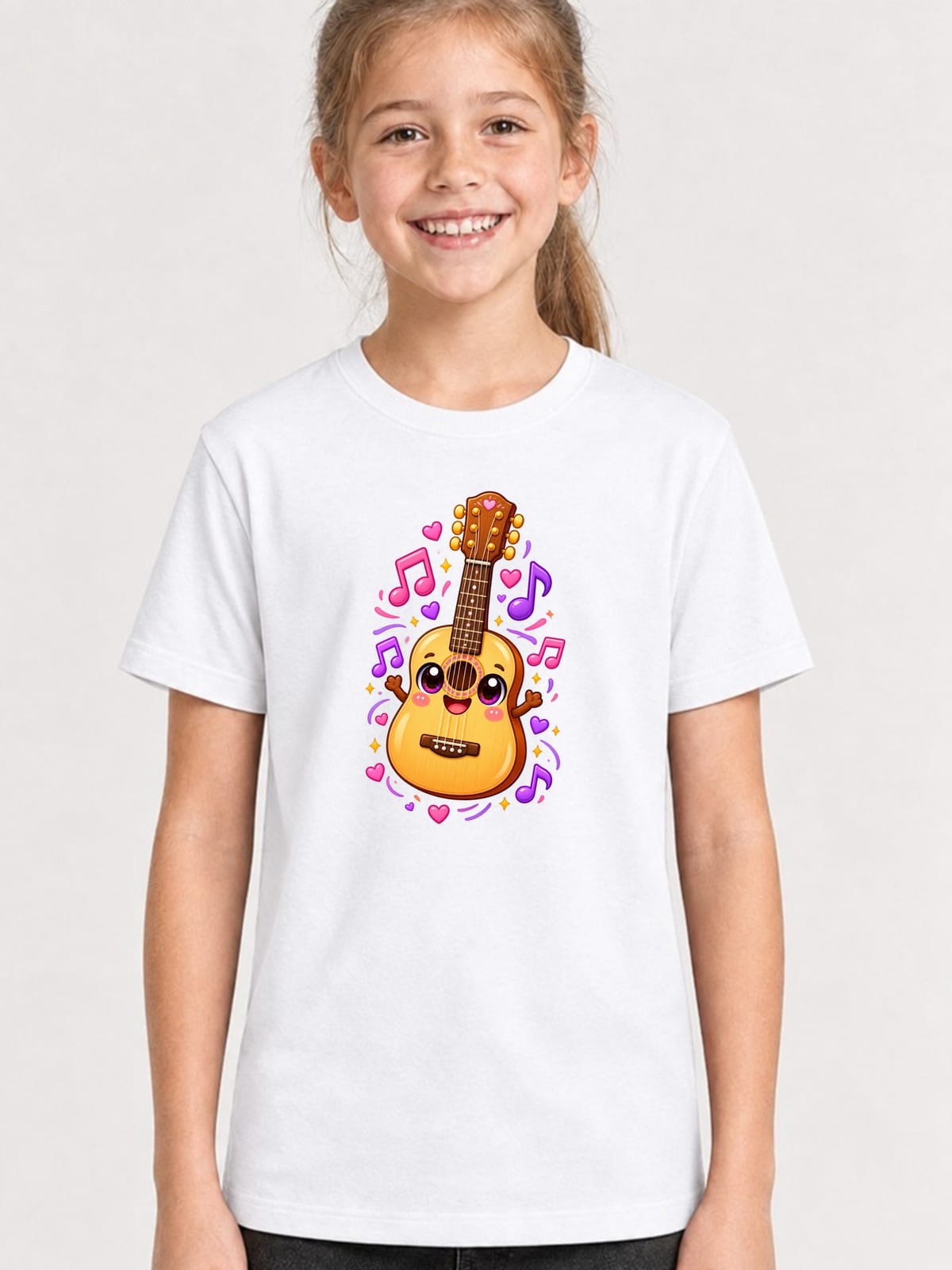 Koszulka dziecięca z gitarą dla dziewczynki biała słodki kawaii, zdjęcie 1