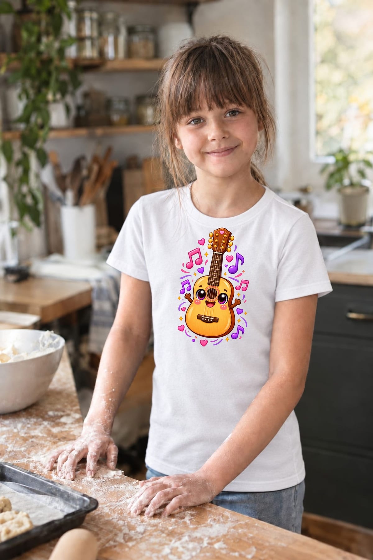 Koszulka dziecięca z gitarą dla dziewczynki biała słodki kawaii, zdjęcie 3