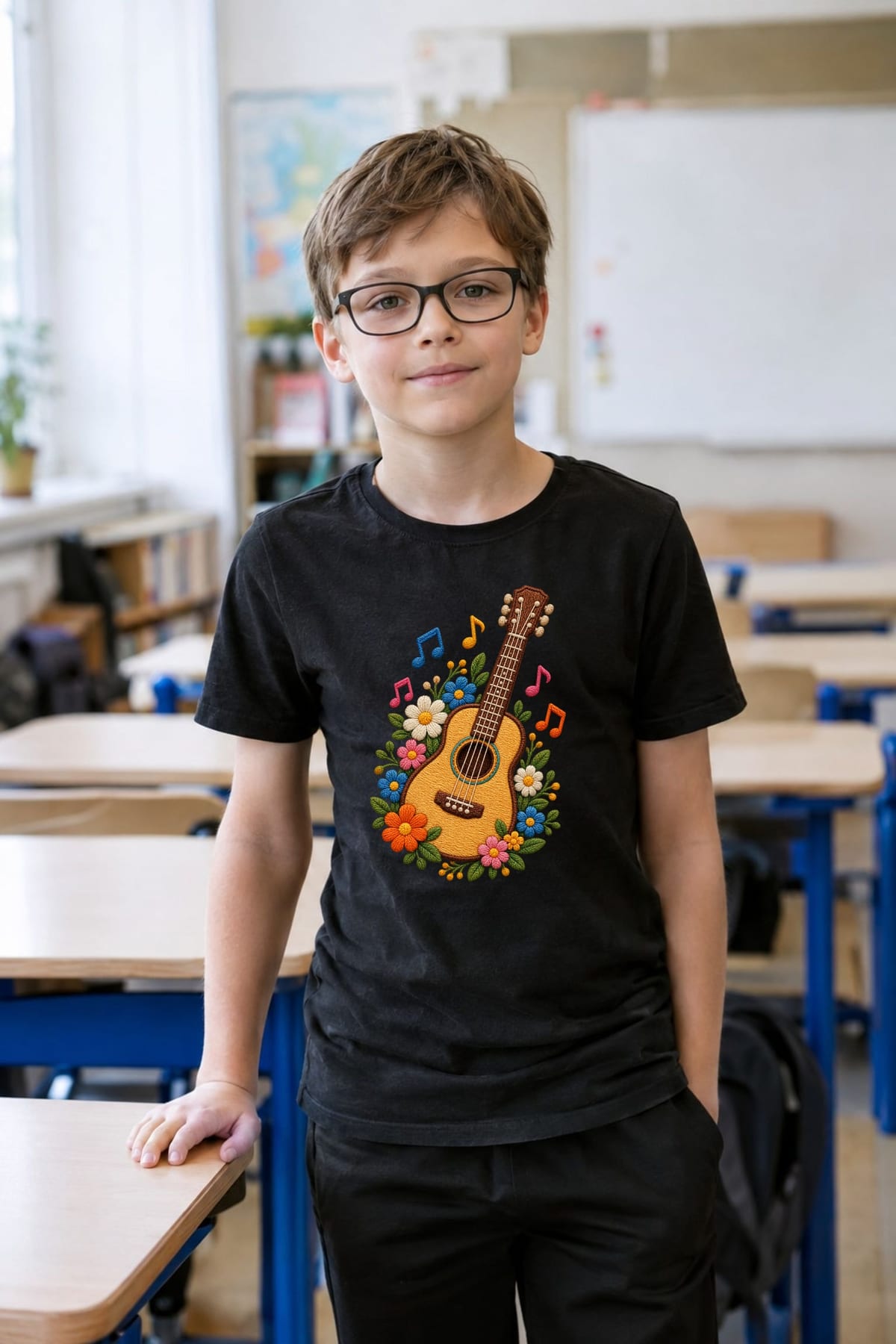 Koszulka z gitarą dla chłopca czarna efekt haftu prezent, zdjęcie 6