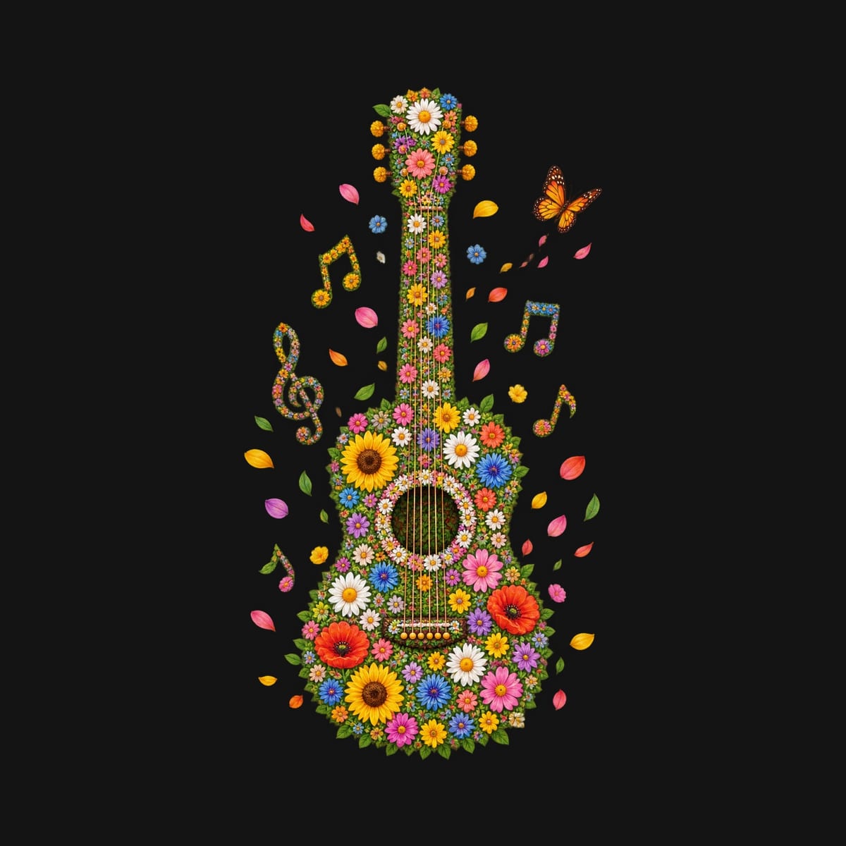 Koszulka z gitarą dla dziewczynki czarna gitara z kwiatów, zdjęcie 2