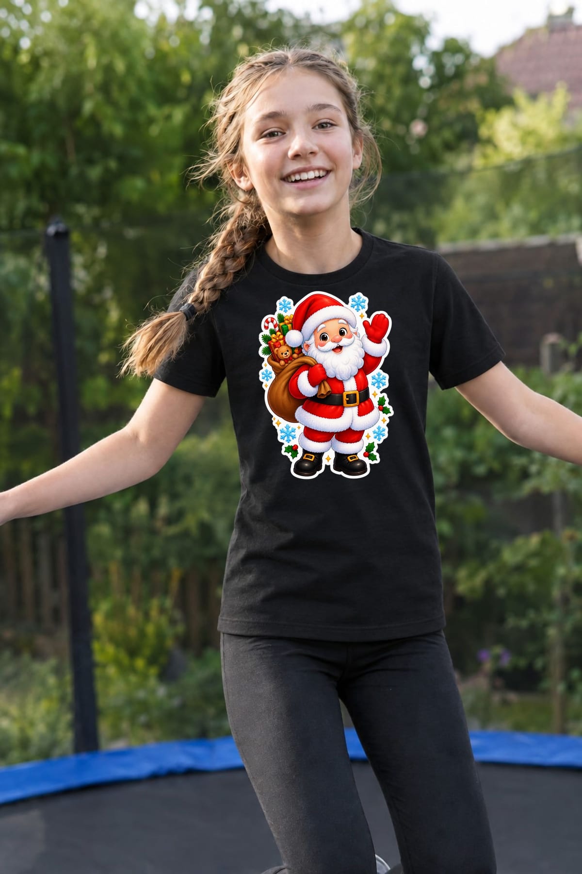 Koszulka ze świętym mikołajem dla dziewczynki czarna efekt naklejki, zdjęcie 8