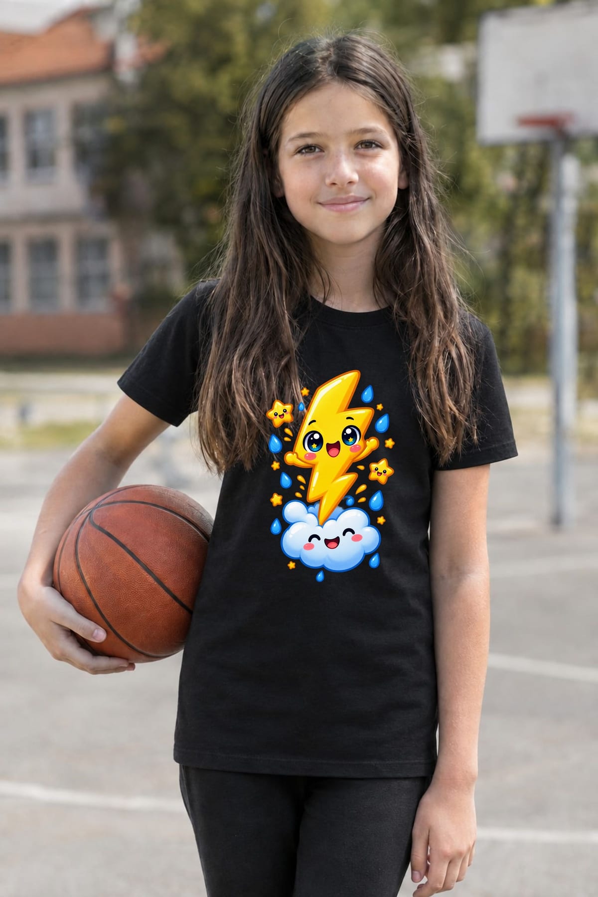 Koszulka z piorunem dla dziewczynki czarna słodki styl kawaii, zdjęcie 3
