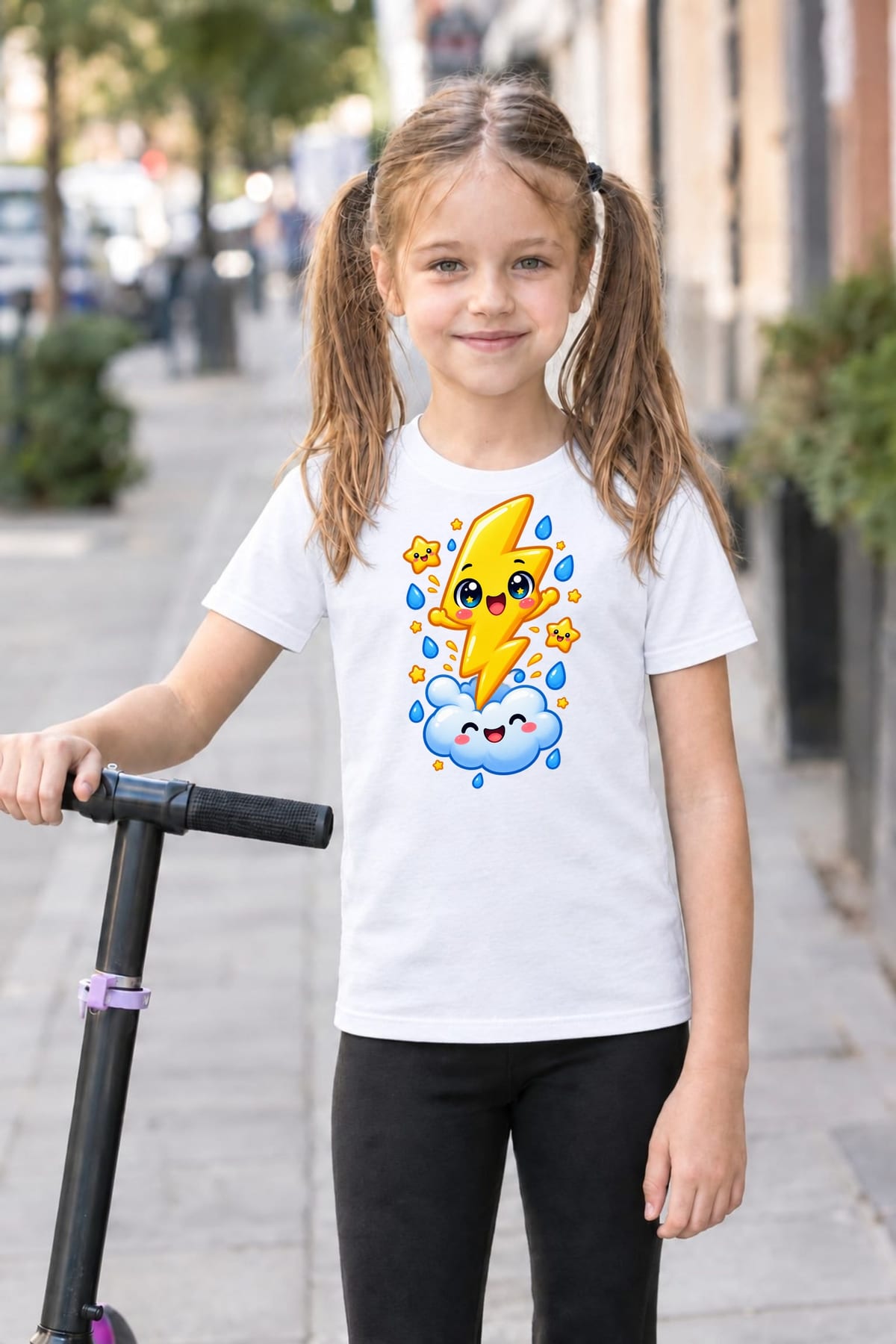 Koszulka z piorunem dla dziewczynki biała słodki styl kawaii, zdjęcie 3