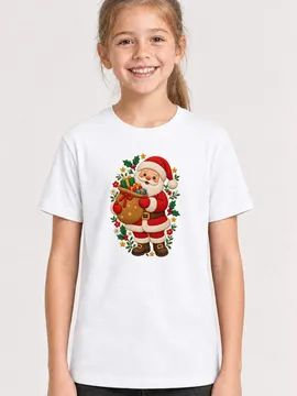 Koszulka z mikołajem dla dziewczynki biała efekt haftu
