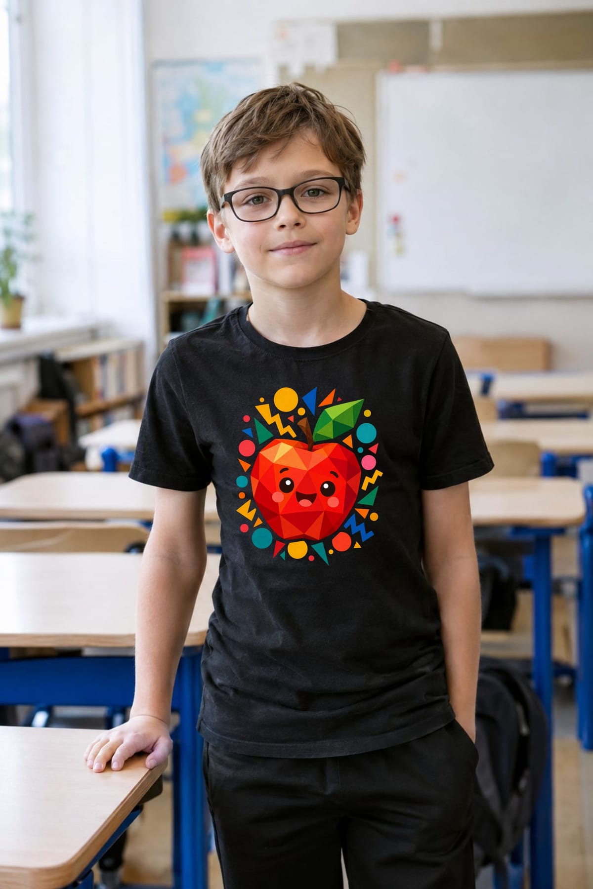 Koszulka dla dziewczynki z jabłkiem czarna geometryczny styl, zdjęcie 4