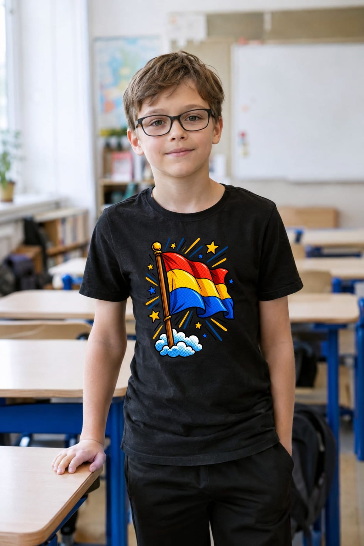 Koszulka z flagą dla chłopca czarna komiksowy ruch, zdjęcie 4