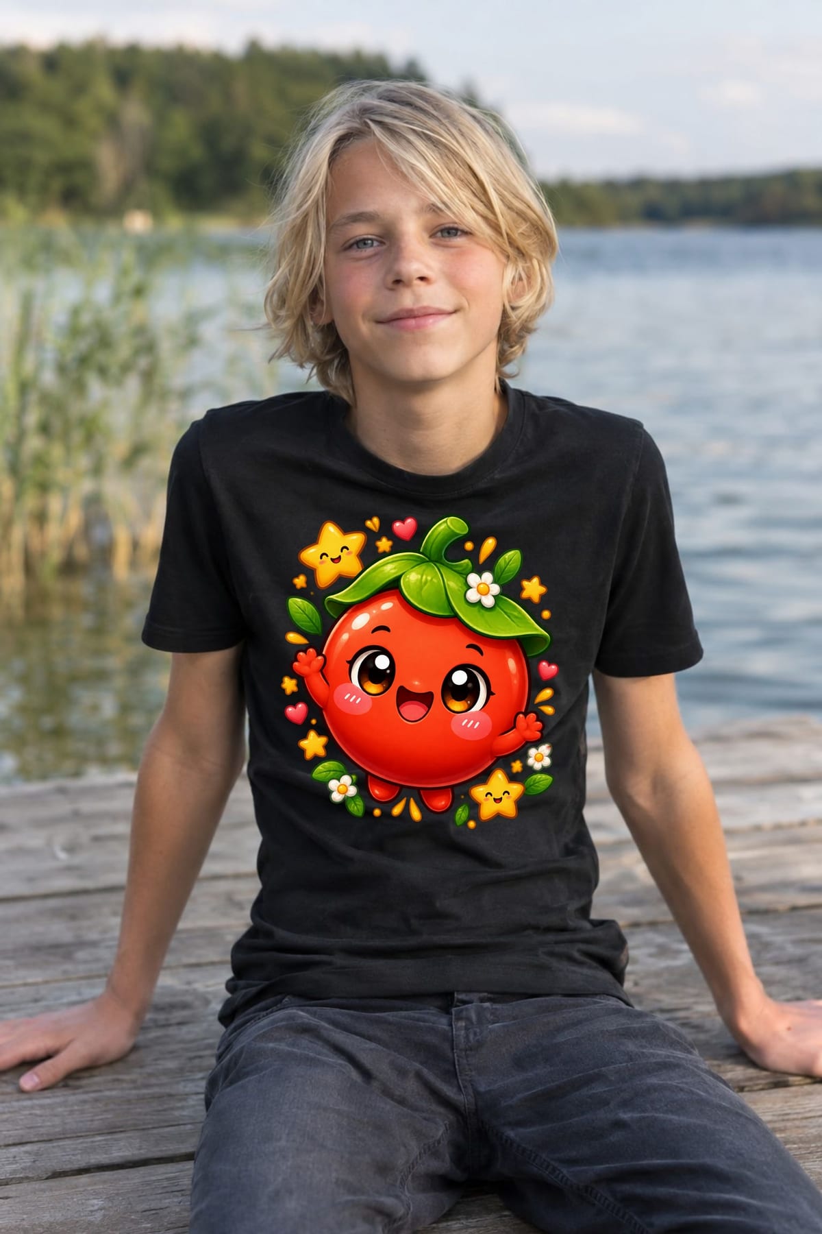 Koszulka z pomidorem dla chłopca czarna słodki styl kawaii, zdjęcie 3