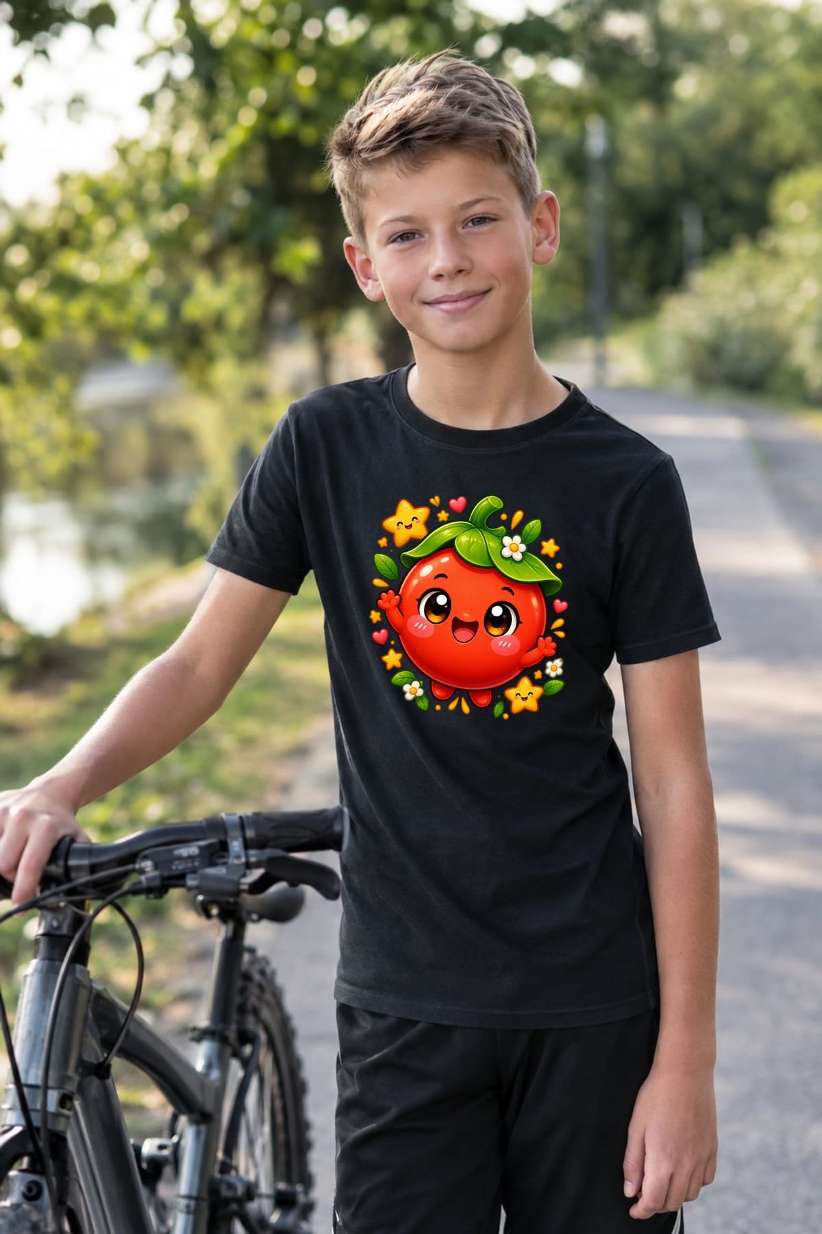 Koszulka z pomidorem dla chłopca czarna słodki styl kawaii, zdjęcie 6