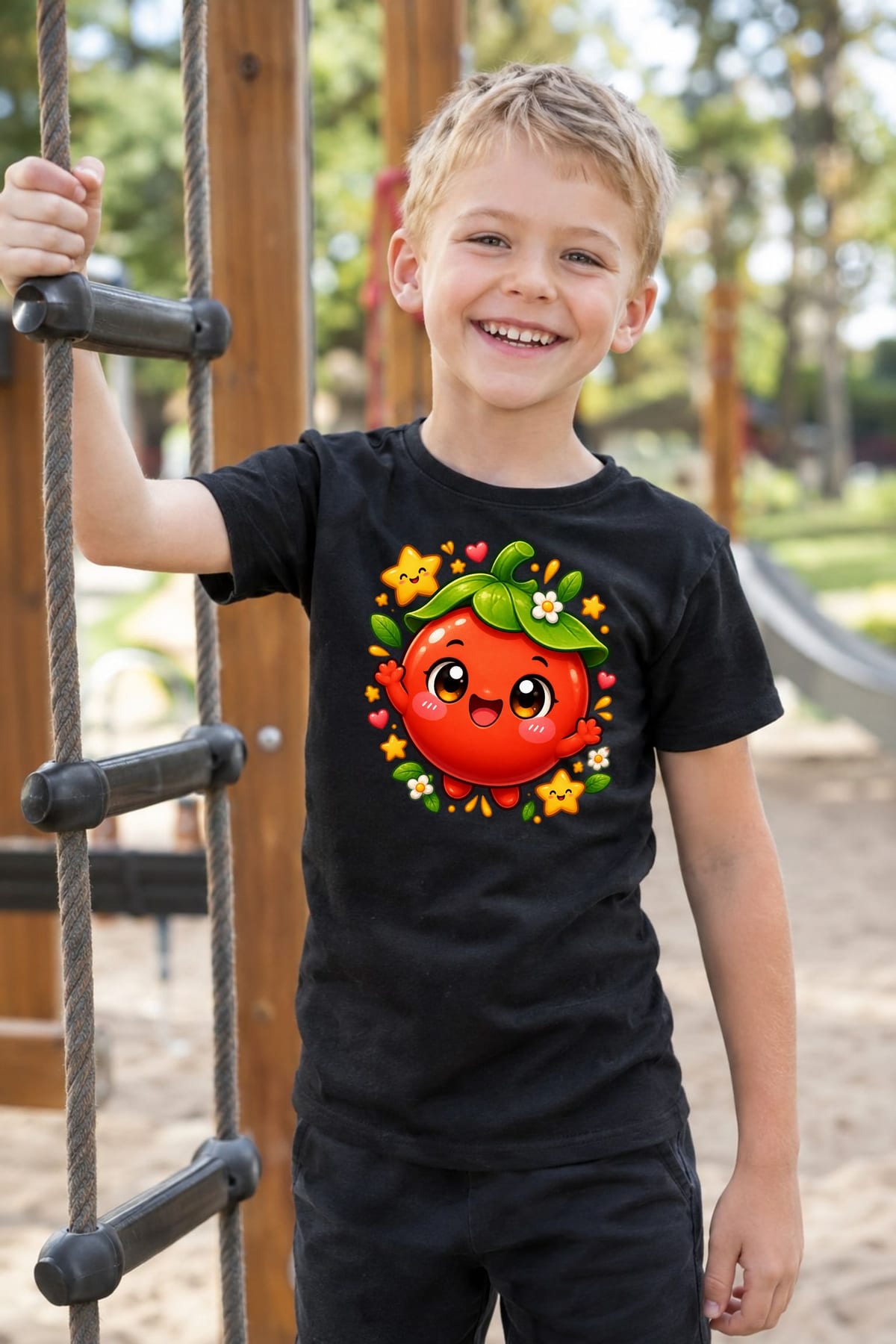 Koszulka z pomidorem dla chłopca czarna słodki styl kawaii, zdjęcie 7