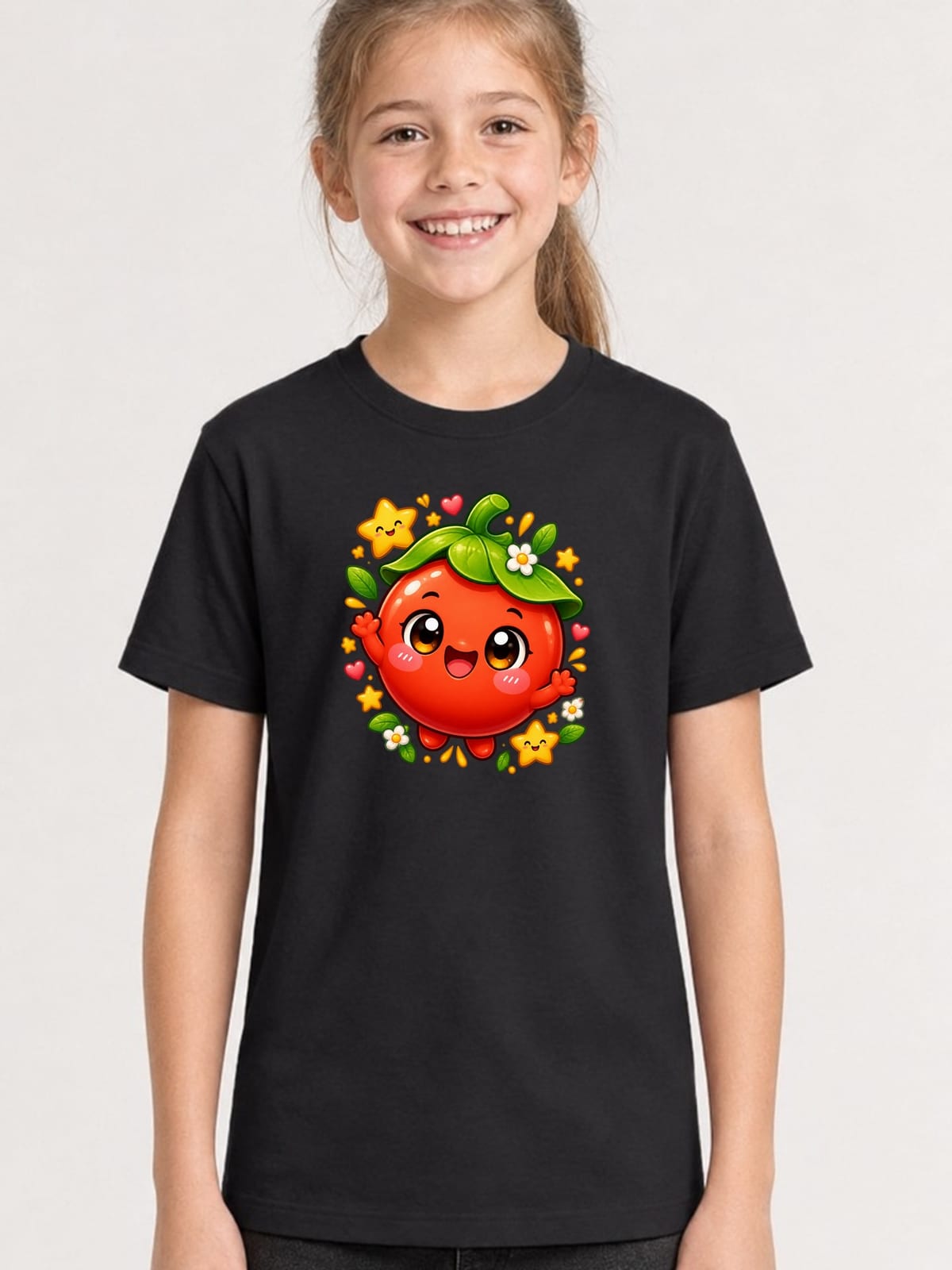 Koszulka z pomidorem dla dziewczynki czarna słodki styl kawaii
