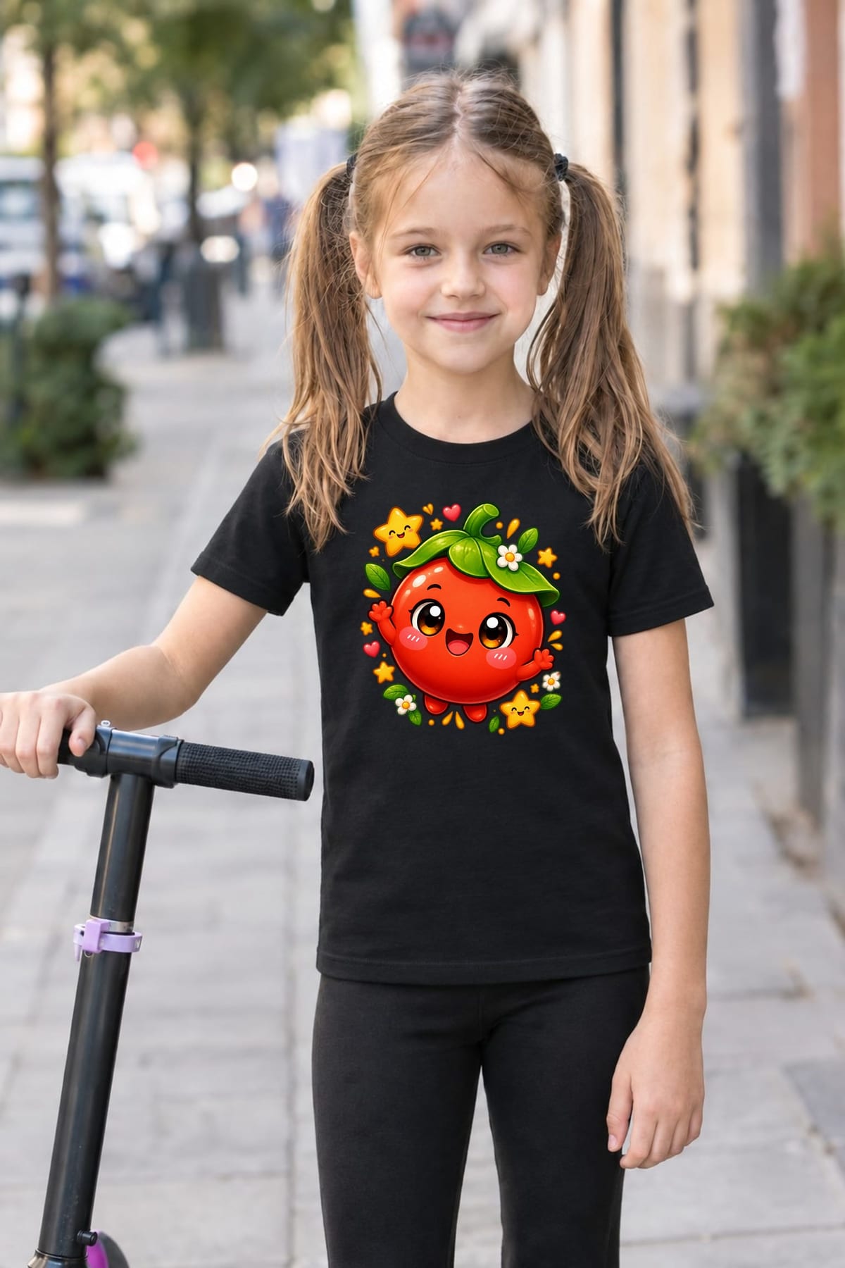 Koszulka z pomidorem dla dziewczynki czarna słodki styl kawaii, zdjęcie 3