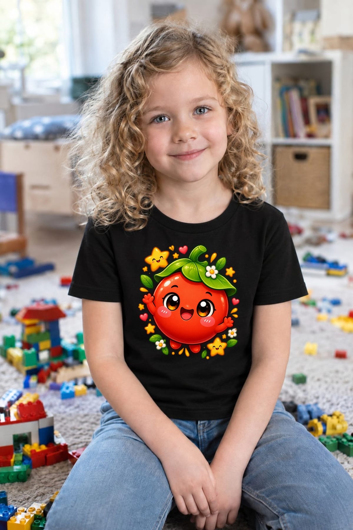 Koszulka z pomidorem dla dziewczynki czarna słodki styl kawaii, zdjęcie 4