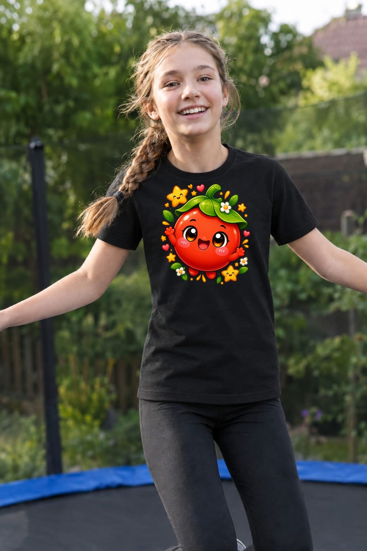 Koszulka z pomidorem dla dziewczynki czarna słodki styl kawaii, zdjęcie 5