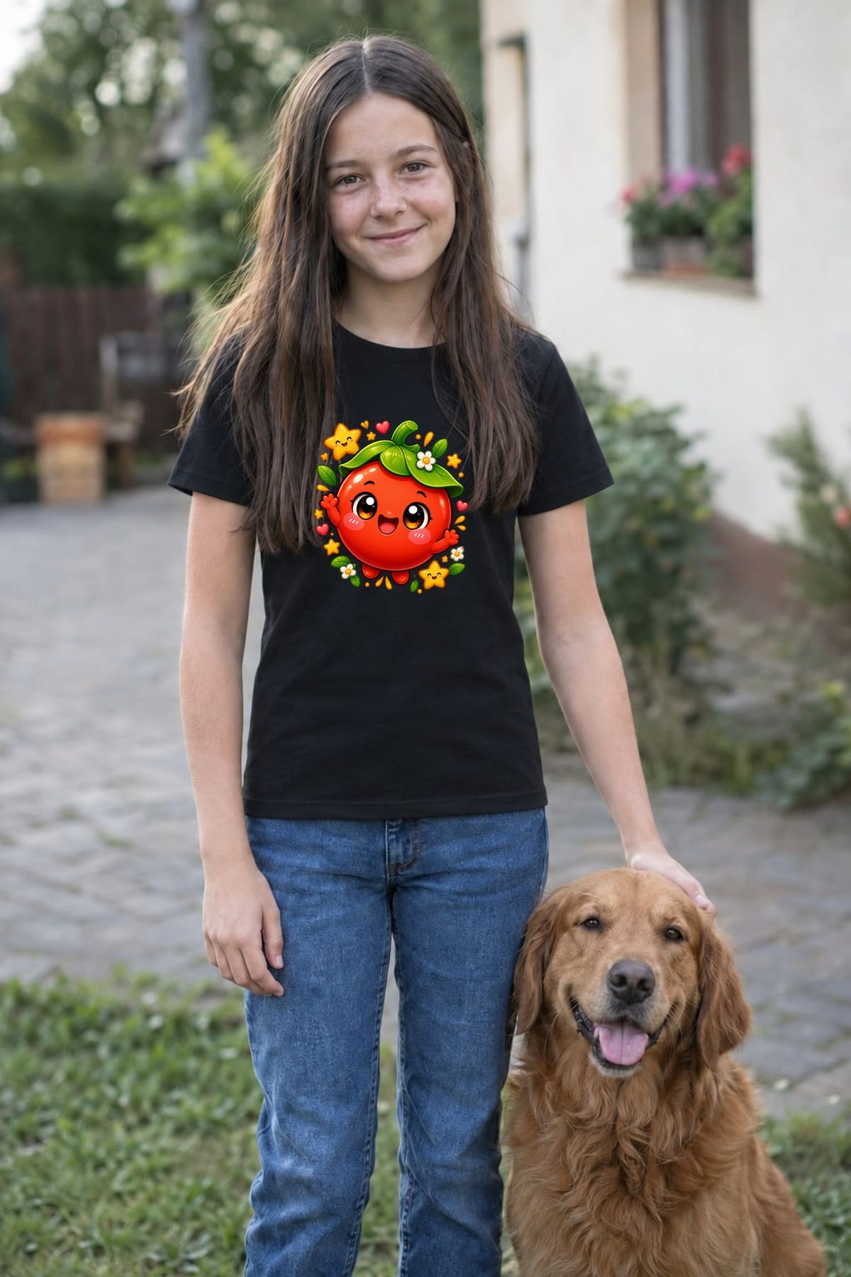 Koszulka z pomidorem dla dziewczynki czarna słodki styl kawaii, zdjęcie 6