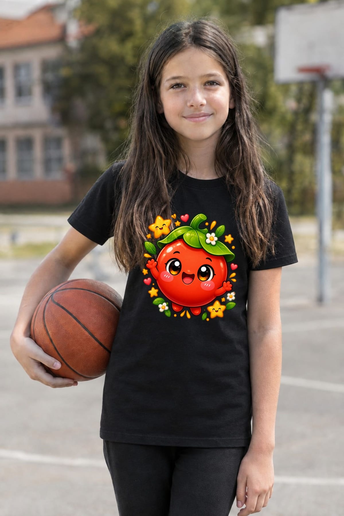 Koszulka z pomidorem dla dziewczynki czarna słodki styl kawaii, zdjęcie 8