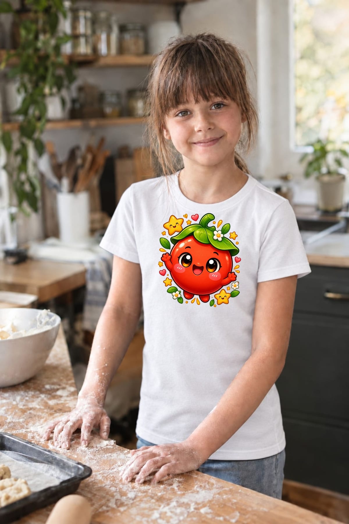 Koszulka z pomidorem dla dziewczynki biała słodki styl kawaii, zdjęcie 4