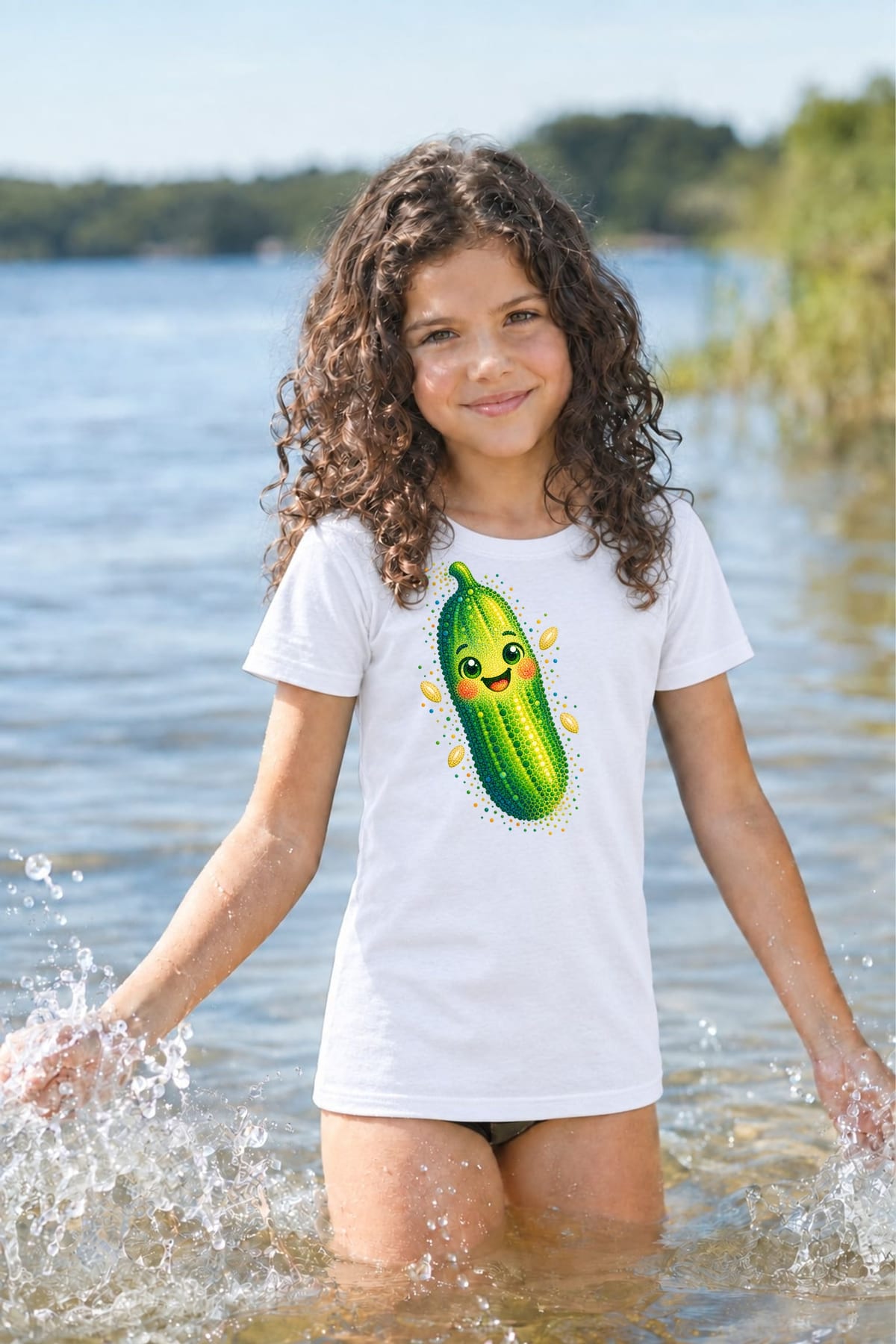 Koszulka z ogórkiem dla dziewczynki biała z kolorowych kropek, zdjęcie 5