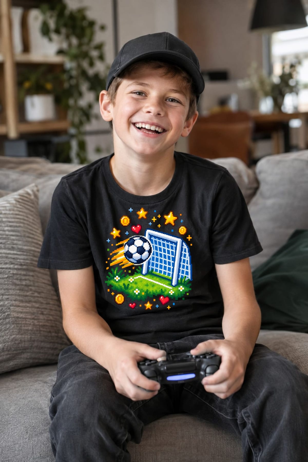 Koszulka dla chłopca z piłką nożną czarna pixel art, zdjęcie 4