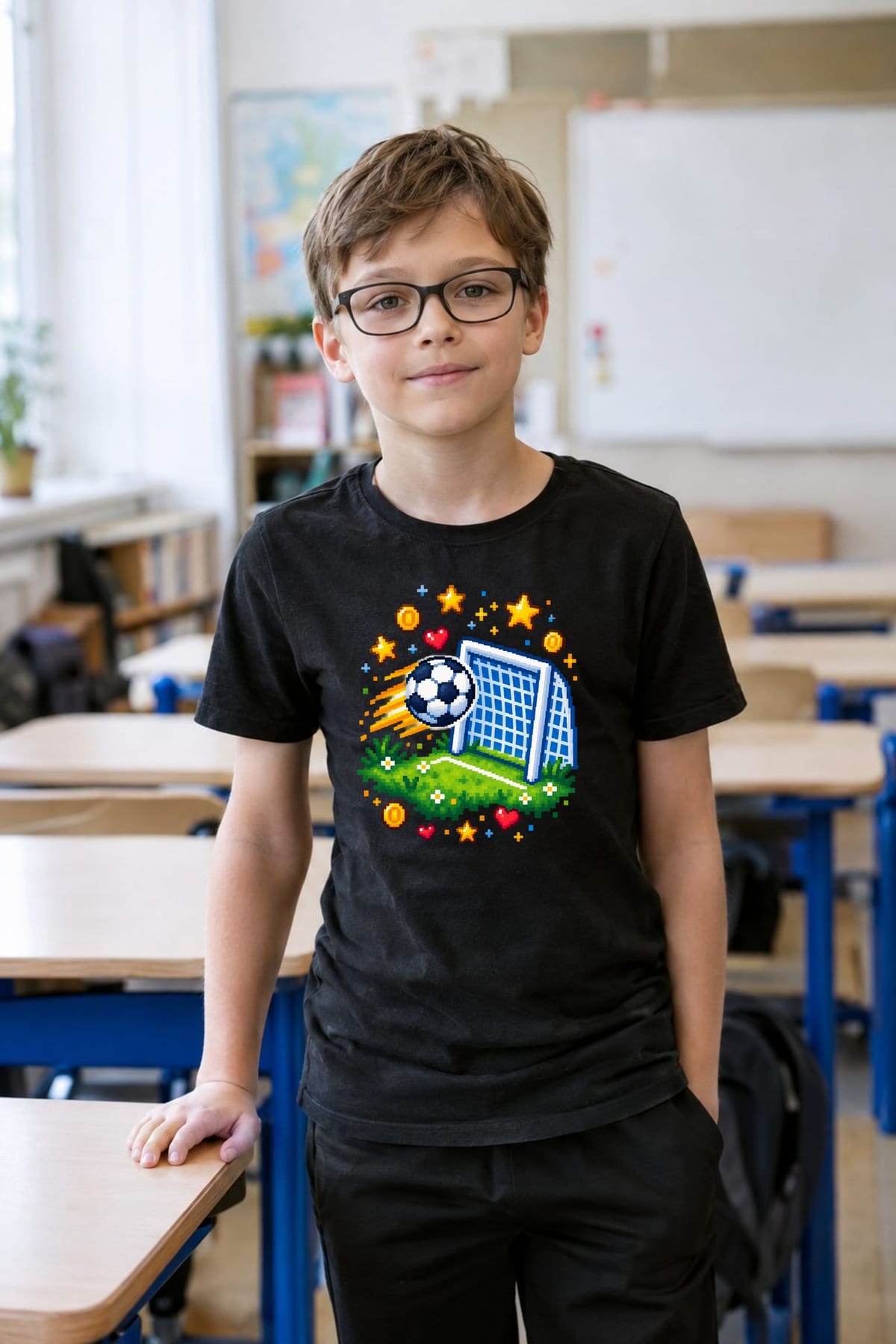 Koszulka dla chłopca z piłką nożną czarna pixel art, zdjęcie 7
